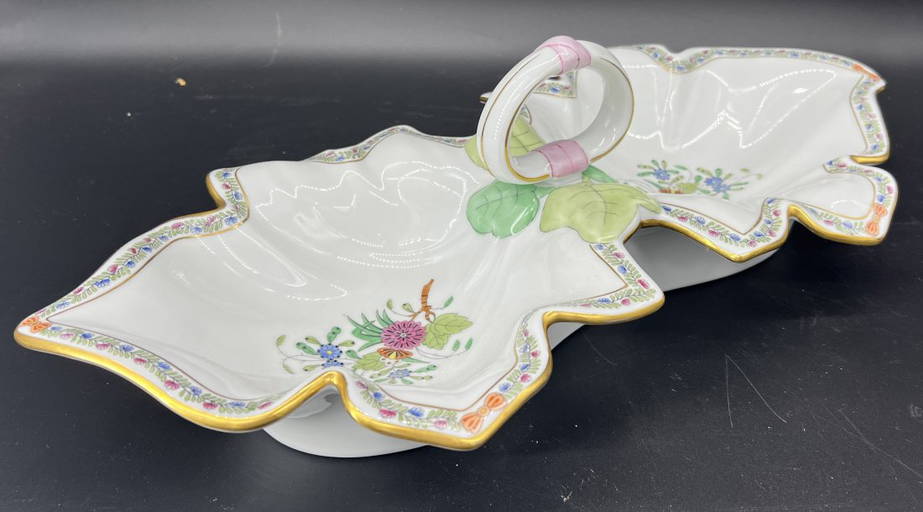 Antique Herend Hungary Double Leaf Serving Tray Dish