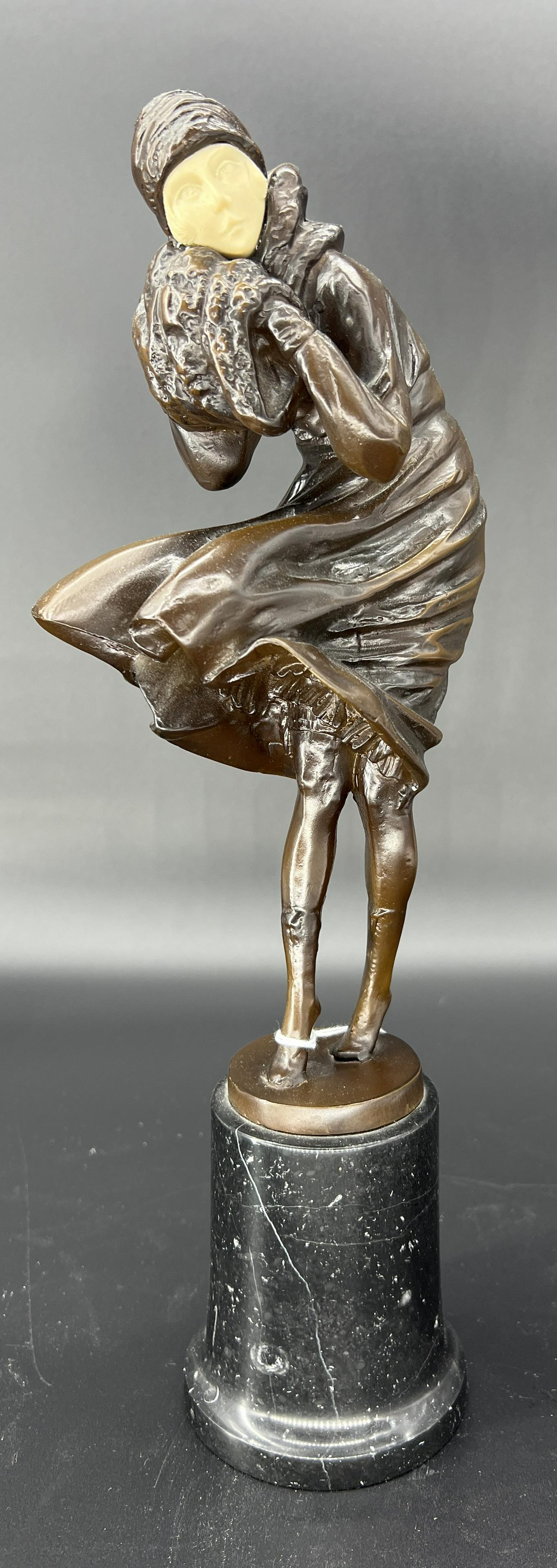 After Demetre Chiparus 'The Squall' Art Deco Bronze Statue Figurine: After Demetre Chiparus 'The Squall' Art Deco Bronze Statue Figurine. On base.