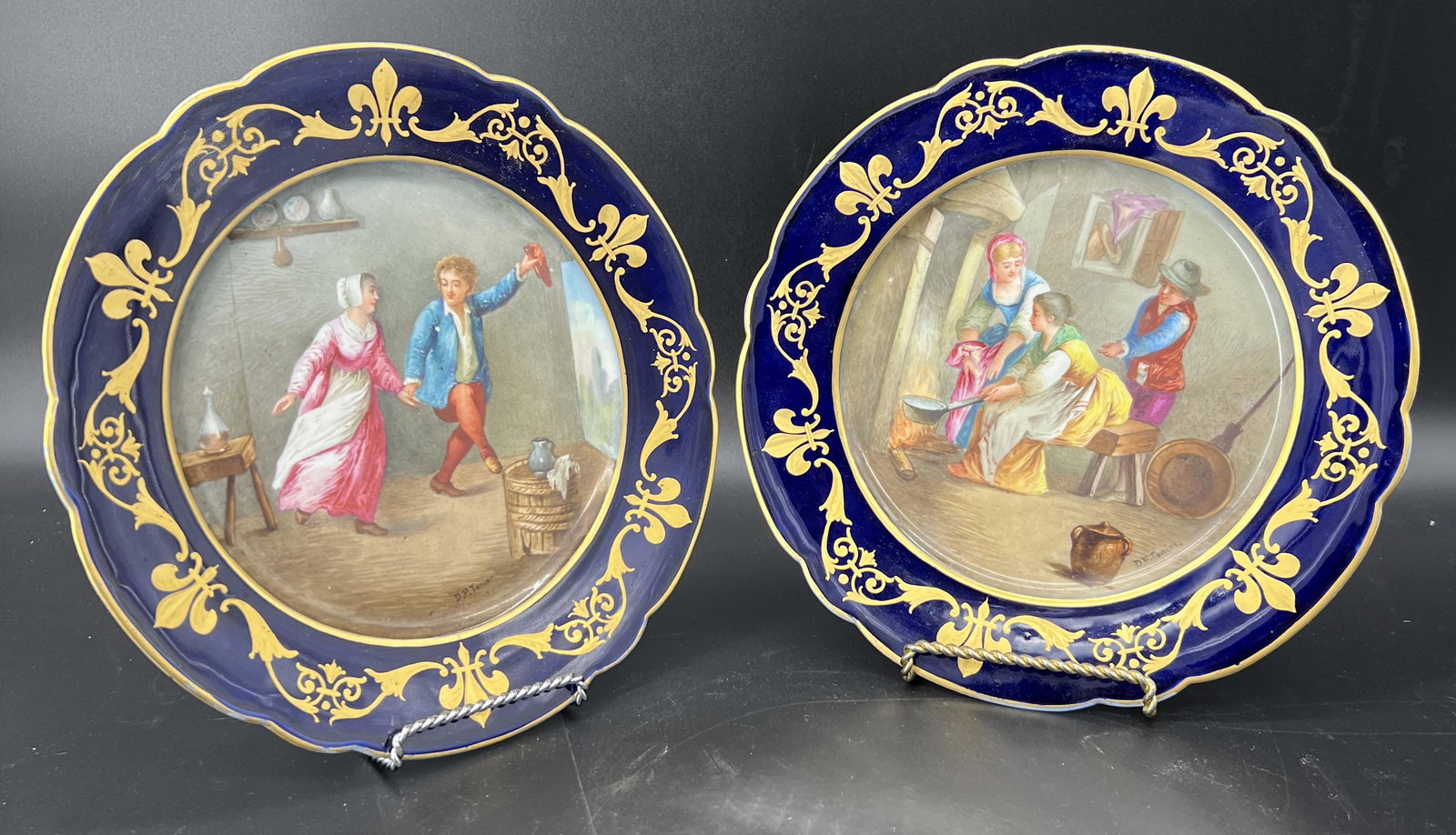 Antique Sevres France Handpainted Pair of Cobalt Gilt Plates (1 of 7)