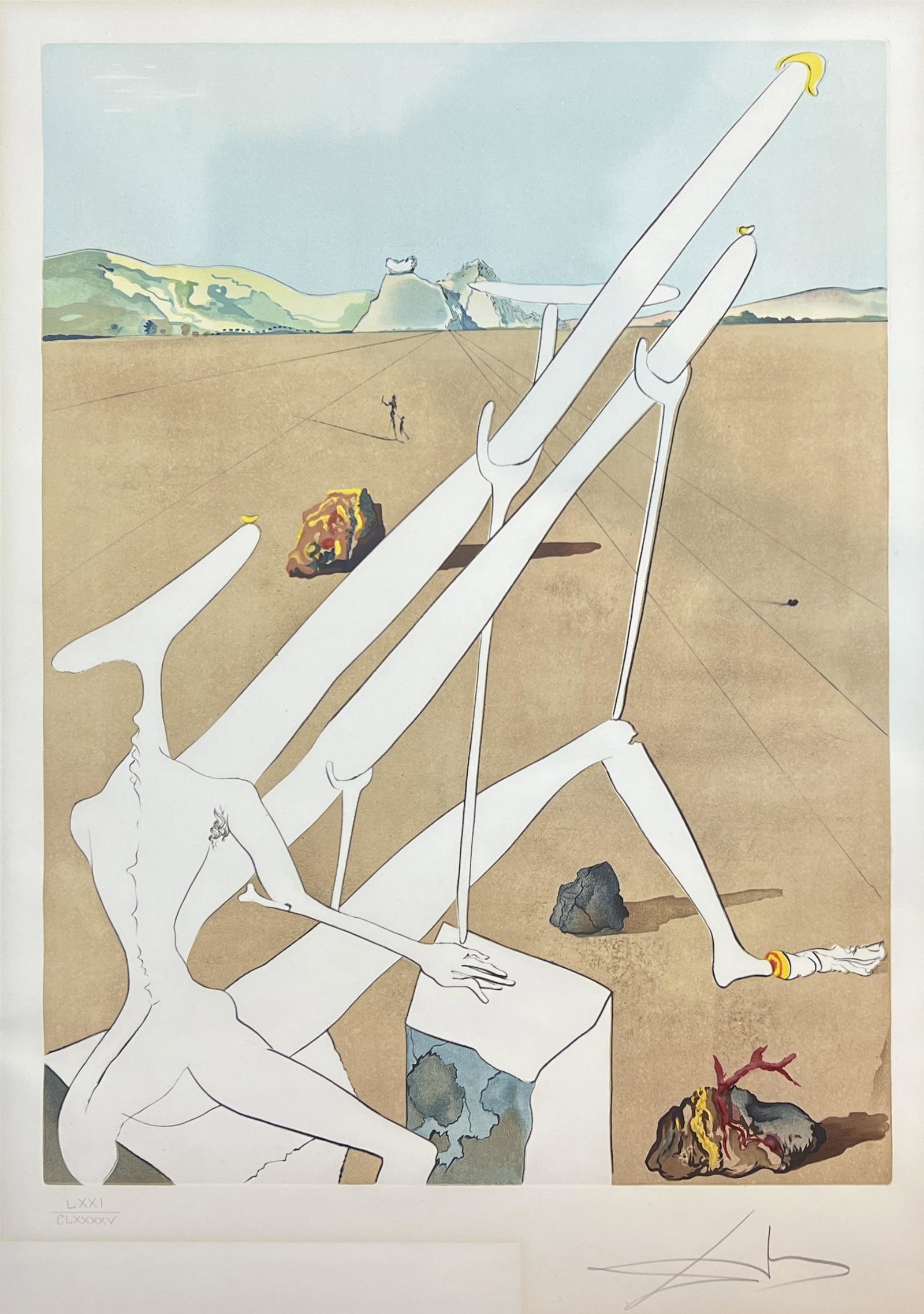 Salvador Dali 'Martian Dali Equipped With Double Holoelectronic Microscope' Print: Salvador Dali (Spain, 1904-1989) 'Martian Dali Equipped with Double Holo-Electronic Microscope' Print. Size: 33" x 25.5". No rips or tears. The image itself is 22" x 30." The watermark is B.F.K Rives 