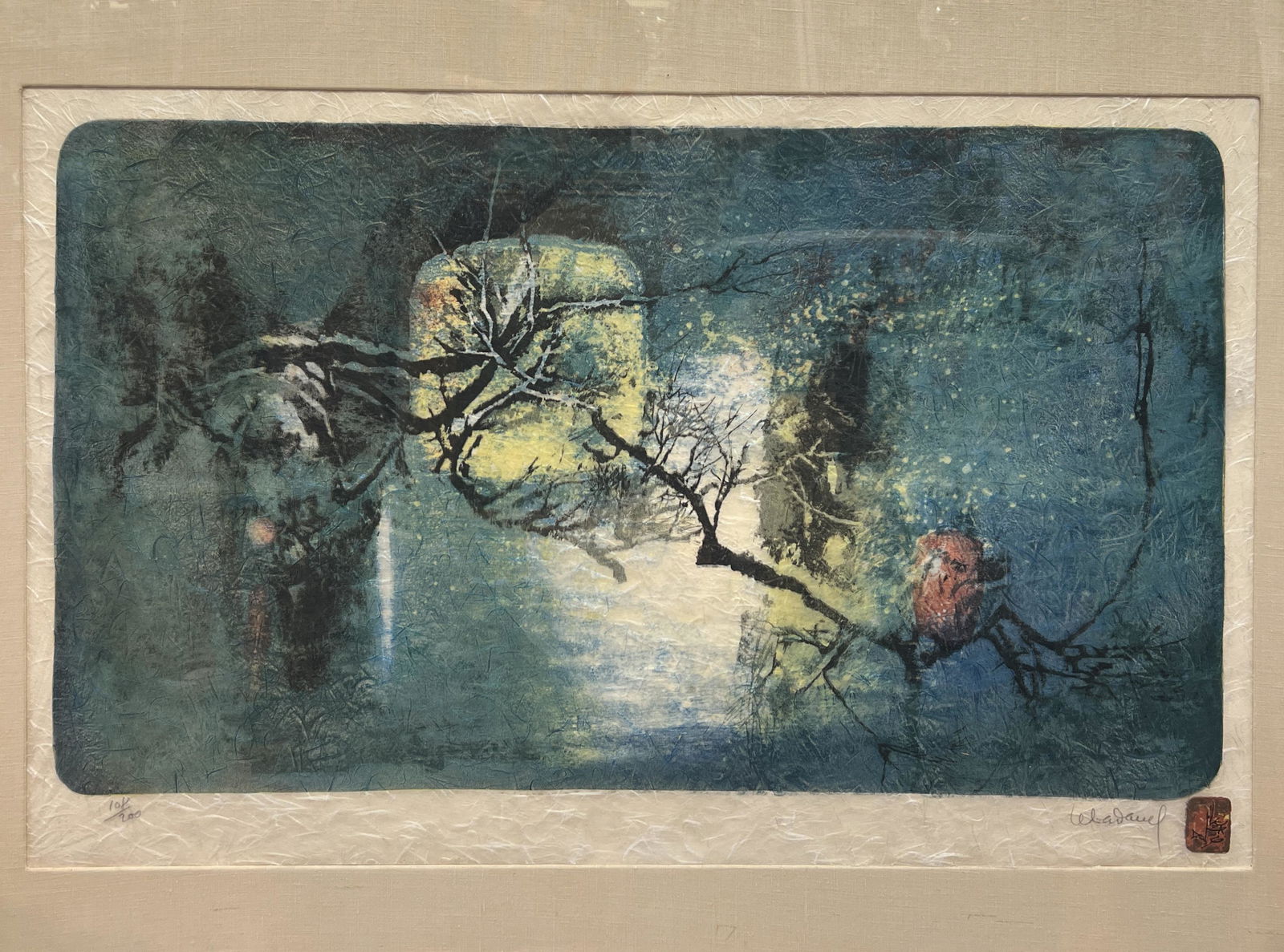 Vintage Hoi Lebadang (Vietnamese, 1922-2015) 'Winter Tree in Moonlight' Lithograph (1 of 6)