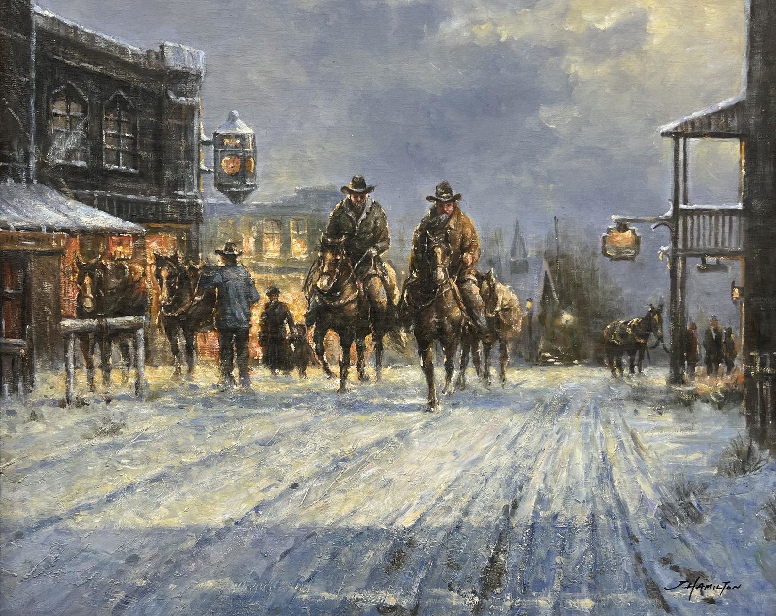 J. Hamilton (American, 20th Century) Oil Painting on Board Western Cowboys Horses in the Snow (1 of 4)