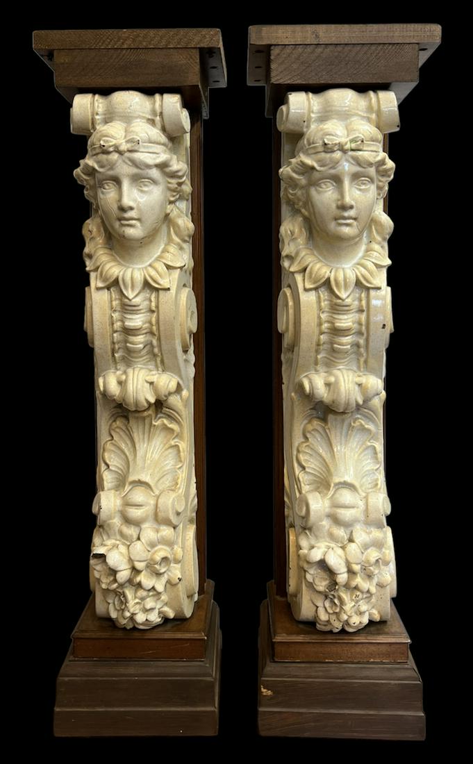 Vintage Pair of Architectural Porcelain Ceramic Majolica Figural Pedestals (1 of 8)