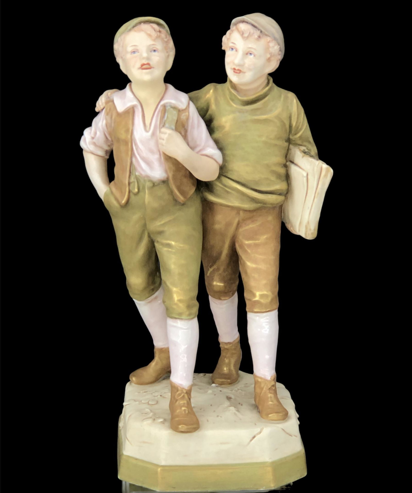 Antique Royal Dux (Bohemia / Czechoslovakia) Porcelain Grouping Figure Two Boys: Antique Royal Dux Porcelain Figure of Two Boys Walking Together. No chips or cracks. Signed on bottom.