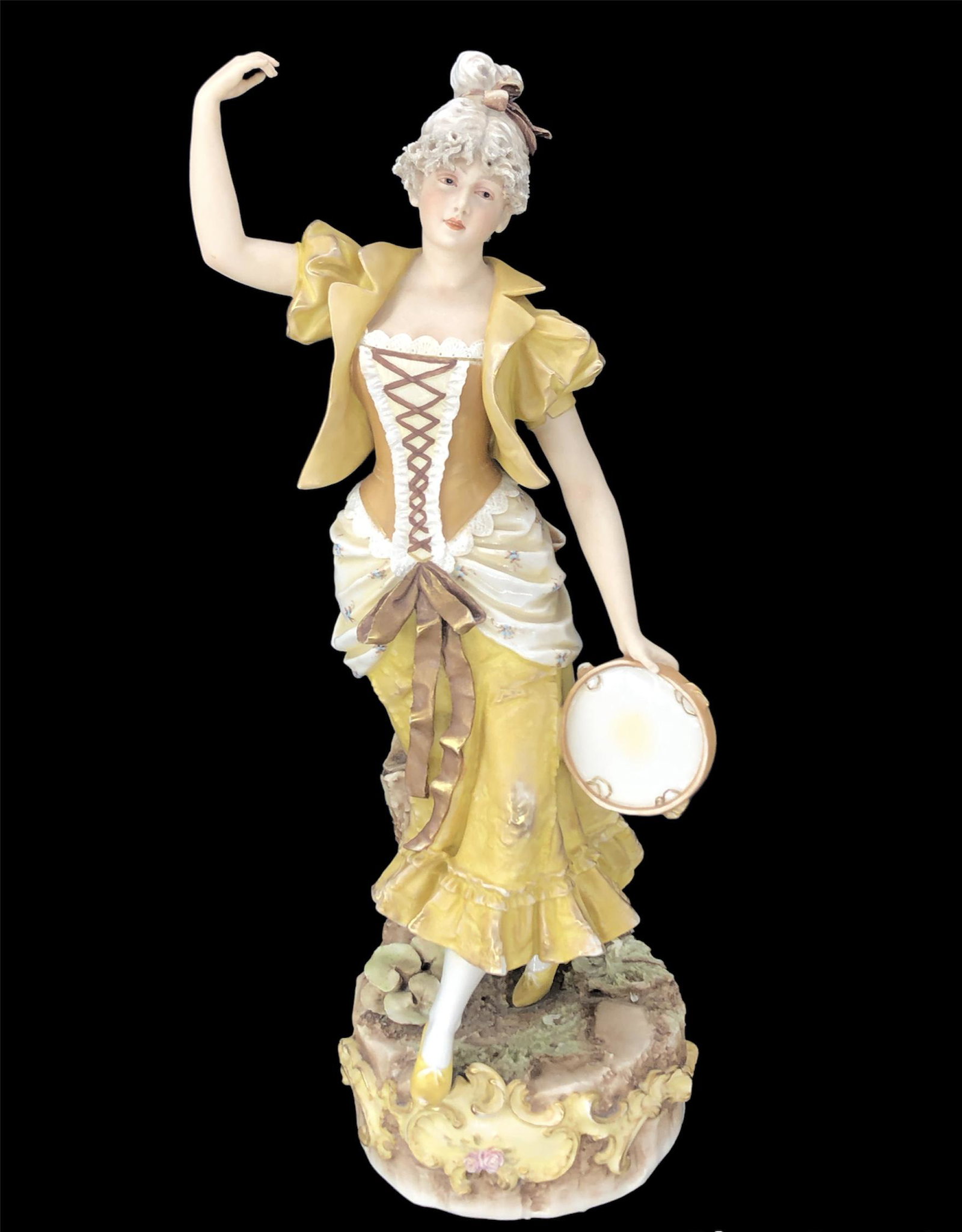 Antique Royal Dux (Bohemia / Czechoslovakia) Porcelain Figurine Drummer Girl #216: Antique Royal Dux porcelain figurine #216, depicting a drummer girl with the tambourine instrument. No chips or cracks noticed. Marked on the bottom.