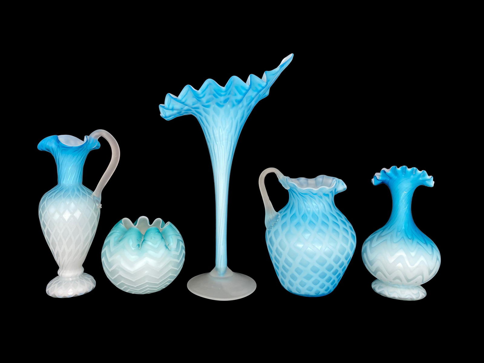 Vintage Lot of 5 Blue Satin Optic Glass Vases (1 of 5)