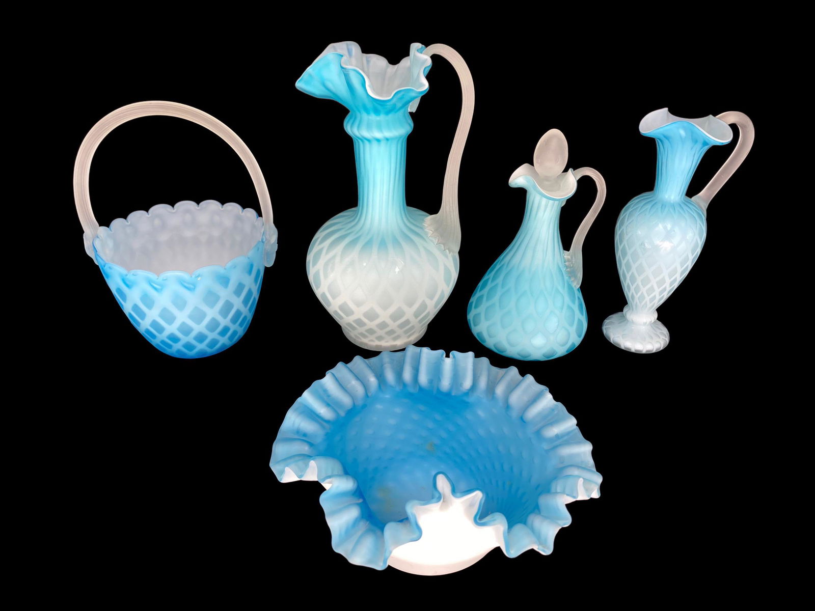 Vintage Lot of 5 Blue Satin Optic Glass Vases (1 of 7)