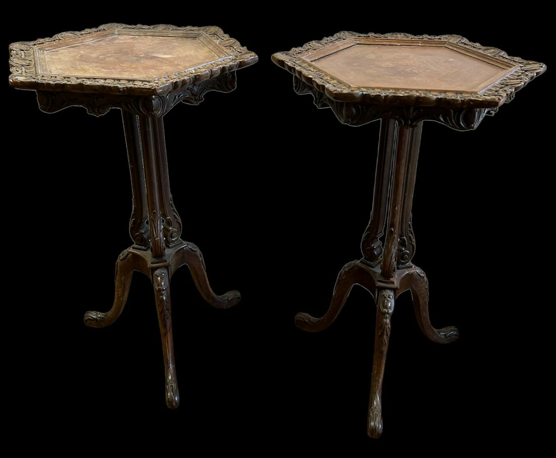 Antique Pair of Carved Wooden Hexagonal Georgian Style Tables (1 of 7)