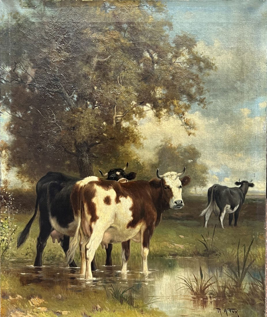 Antique Robert Atkinson Fox (American, 1860-1935) Cow Bovine Oil Painting on Canvas (1 of 6)