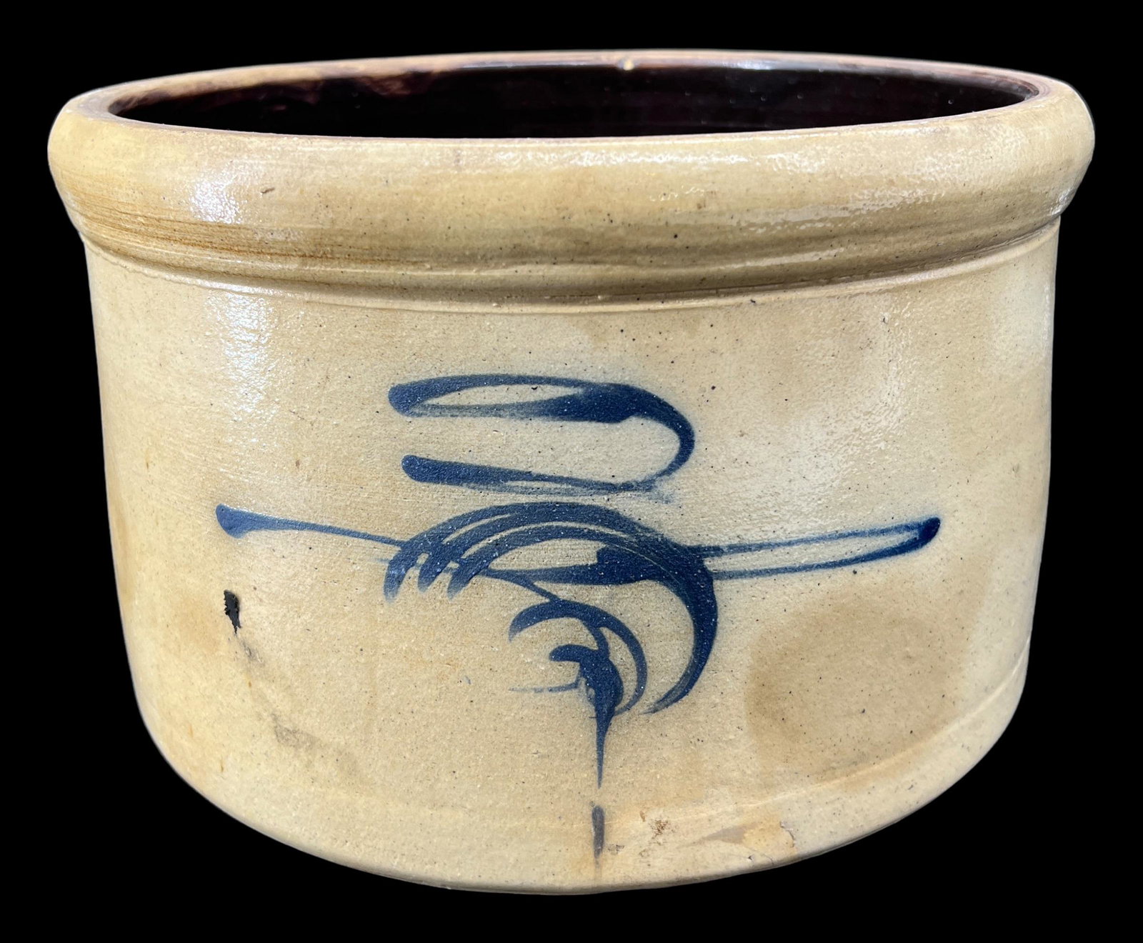 Antique Primitive Stoneware Pottery Crock Cobalt Blue Bumble Bee Sting: Antique primitive stoneware crock with rounded rim and cobalt blue decoration. Size: 7" x 11". Circa 1890. No signature on bottom. Possibly Bumble Bee / Bee Sting / Lazy 8 design?