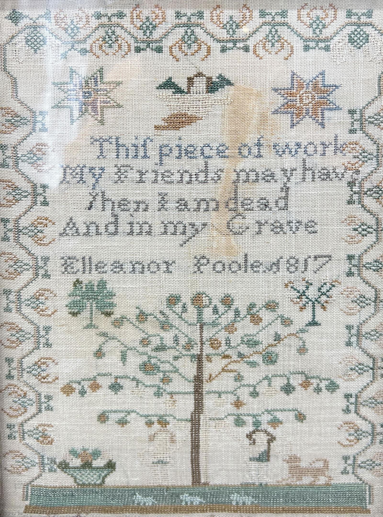 Antique Primitive Sampler 1817 Elleanor Poole Aged 4: Antique primitive framed sampler. Created in 1817. Made by an Elleanor Poole. "This piece of work, My Friends May Have, When I Am Dead, and in my grave." "Cleaned & stitched to archival mount." Size: