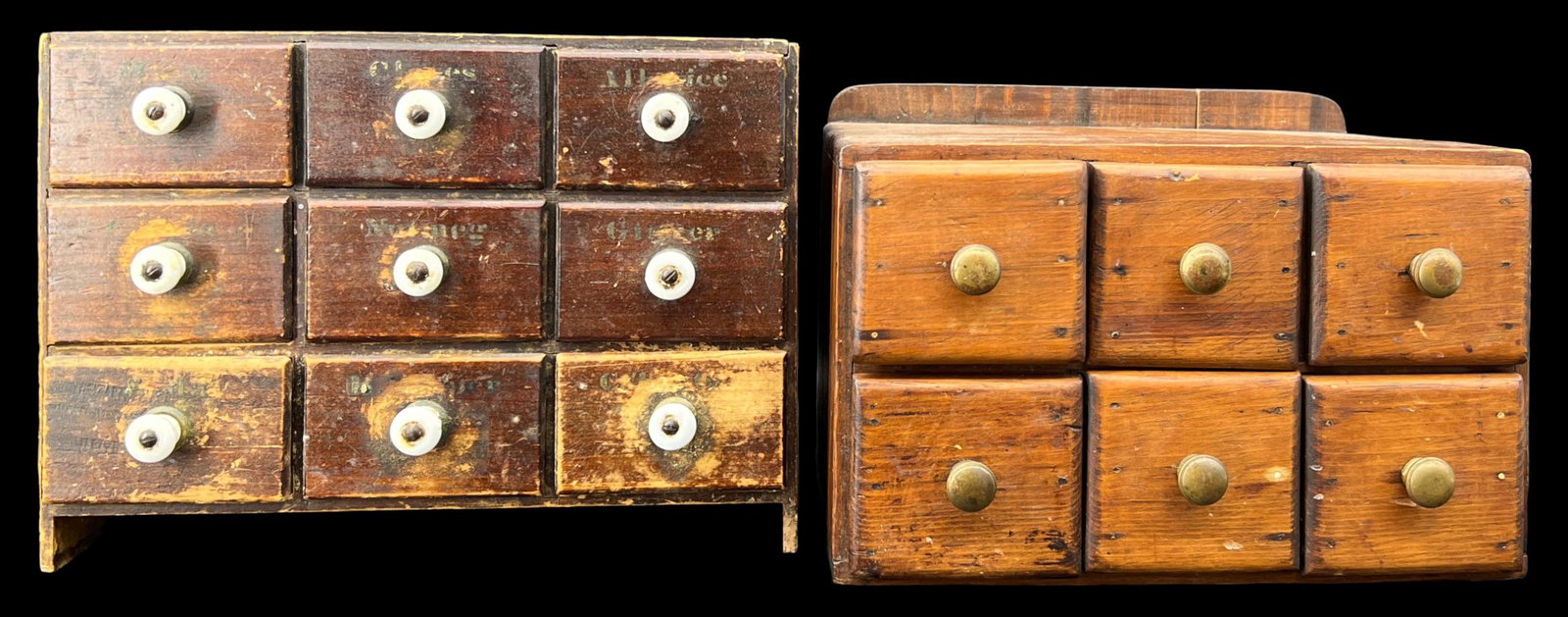 Antique Lot of 2 Primitive Wooden Spice Cabinet Boxes: Lot of 2 antique primitive spice cabinet boxes. One has spices labeled on the front of the drawers. 9 drawers & 6 drawers. Handmade. Folk art.