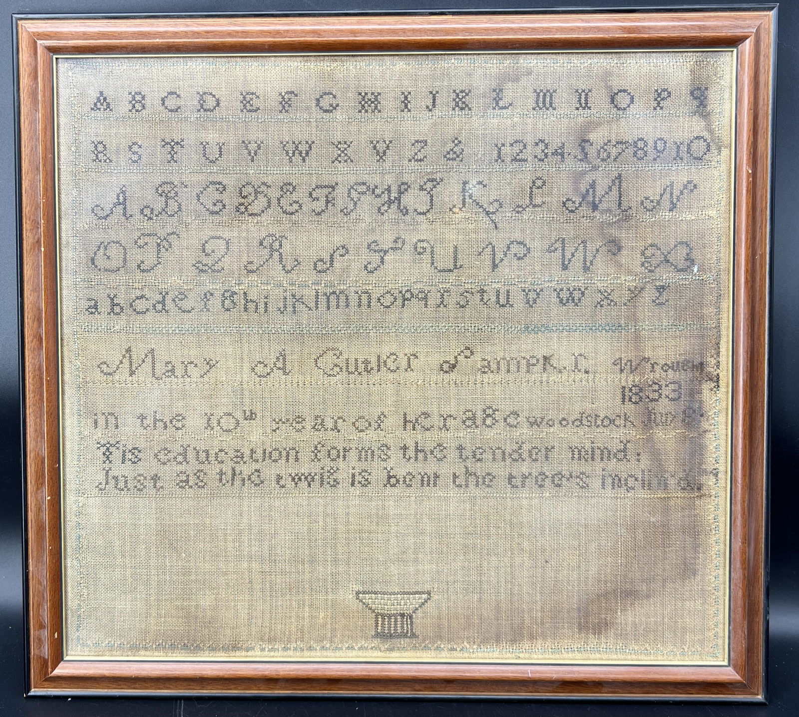 Antique Primitive Framed Sampler 1833 Mary A Gulter Woodstock: Antique primitive sampler. Created in 1833. Made by a Mary A. Gulter, aged 10. Numbers, alphabet, and statement on education. Possibly made in Woodstock. Folk art. Size: 18.5" x 20" x 2".