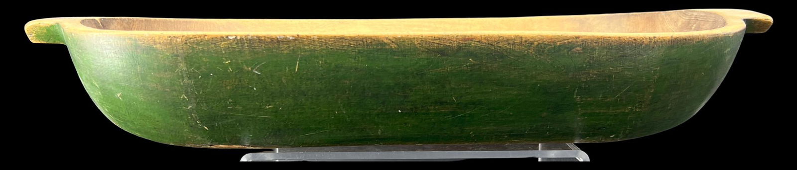 Antique Primitive Hand Carved Wooden Dough Bowl Painted Green: Primitive antique hand carved wooden dough bowl. Exterior is painted a deep forest green color. Milk paint. Size: 3.5" x 9.50" x 9.75".