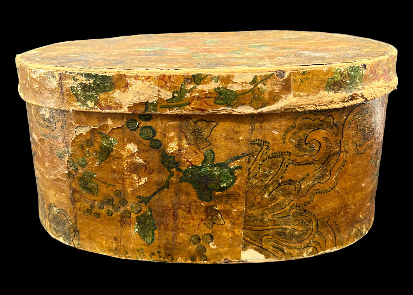 Antique Primitive Pantry Box Wallpaper Design: Antique primitive lidded pantry box covered in floral wallpaper. Inside is lined with wallpaper as well. Size: 4.75" x 10" x 7". Folk art.