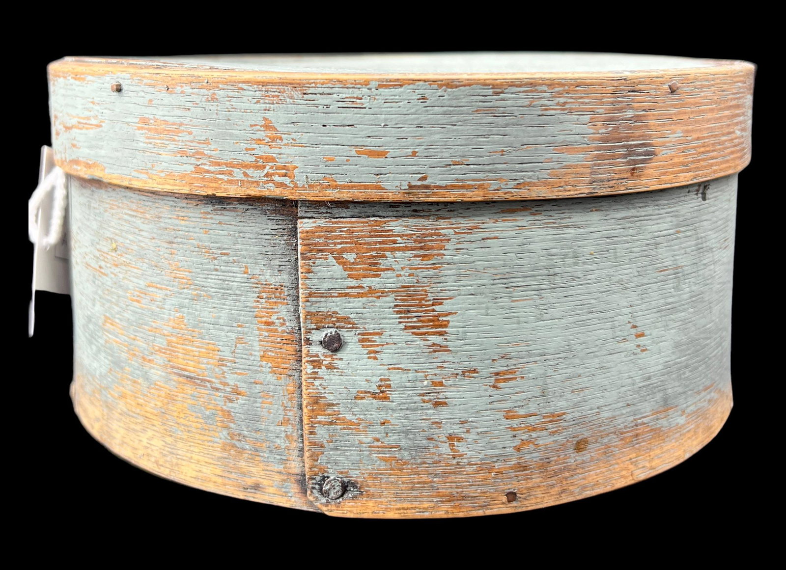 Antique Primitive Wooden Shaker Pantry Box Light Blue Grey: Antique Primitive Wooden Lidded Shaker Pantry Box. Painted a light blue color that has faded to a blue-grey. Bentwood. Milk paint. Size: 4" x 8". Folk art.