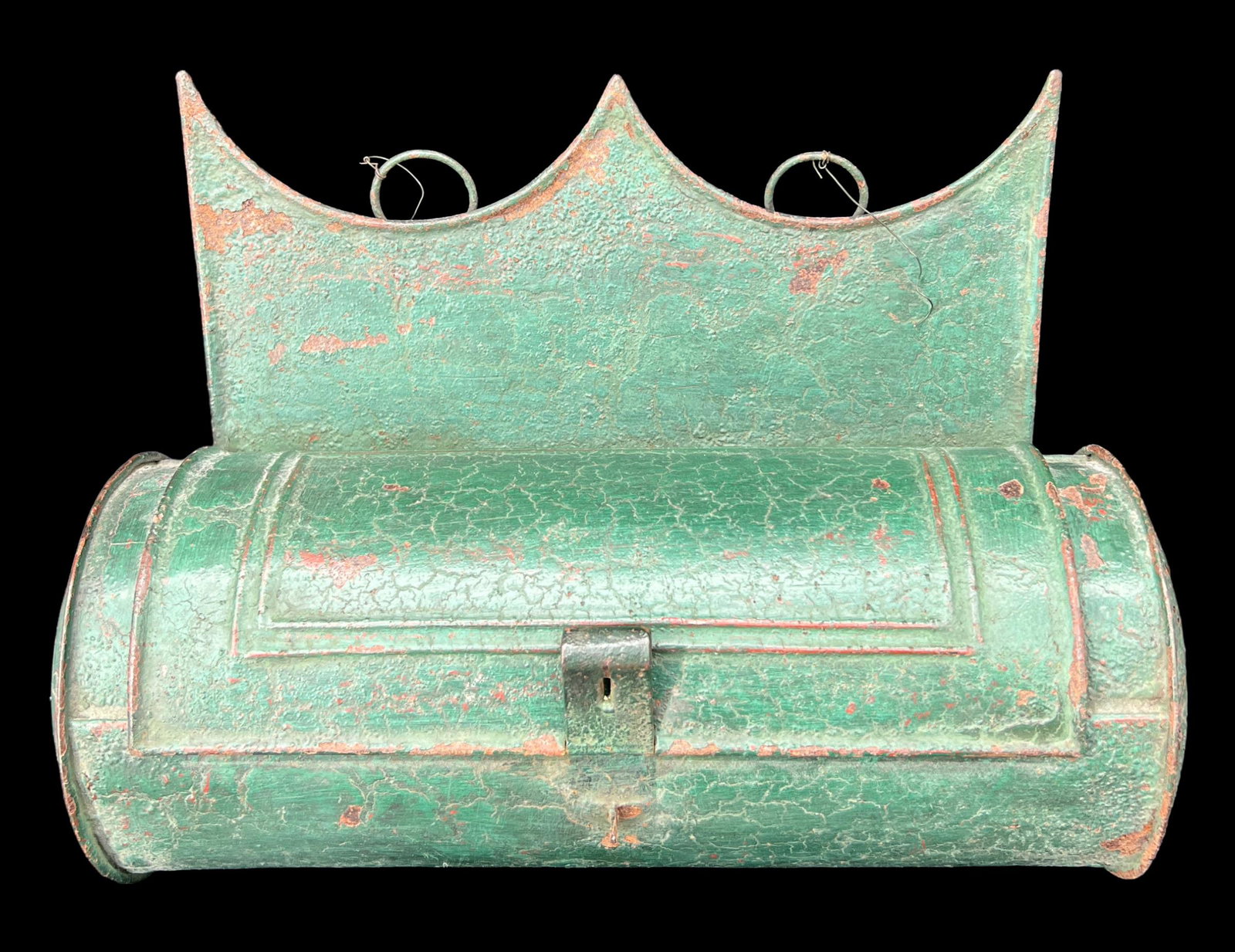 Antique Primitive Pressed Tin Green Hanging Candle Holder Box: Antique primitive pressed tin metal decorated green candle holder. Size: 8" x 10" x 4.5". Folk art.