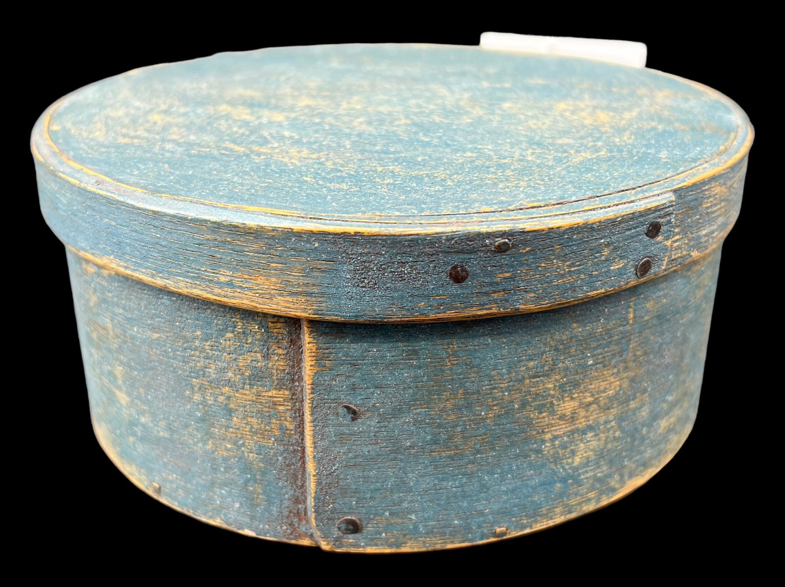 Antique Primitive Wooden Shaker Pantry Box Blue Grey: Antique Primitive Lidded Wooden Shaker Pantry Box. Painted a dark blue grey color. Bentwood. Milk paint. Size: 2.75" x 6.5". Folk art.