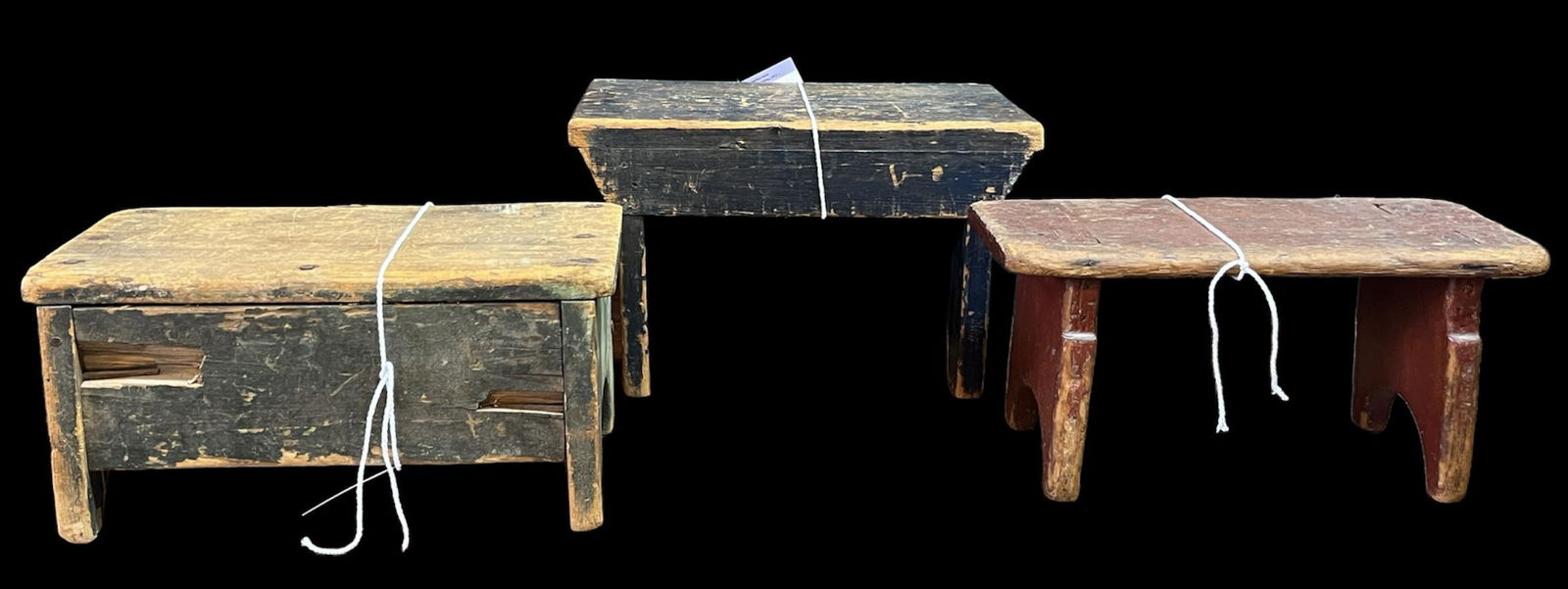 Lot of 3 Antique Primitive Handmade Wooden Stools: Lot of 3 primitive antique stools. 2 stools painted blue and one red. Handmade from wood. Size: 13.5" x 7.5" x 8.5".