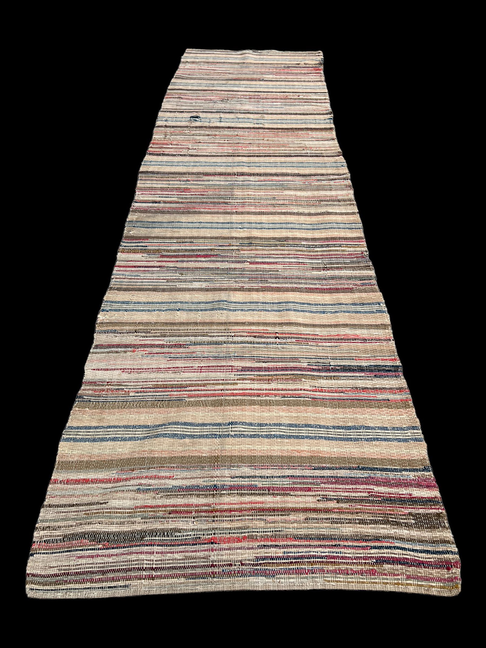 Antique Primitive Rag Rug Carpet Runner: Primitive rag rug runner. Size: 33" x 122". There is a tear in the rug - please see picture. Folk art.