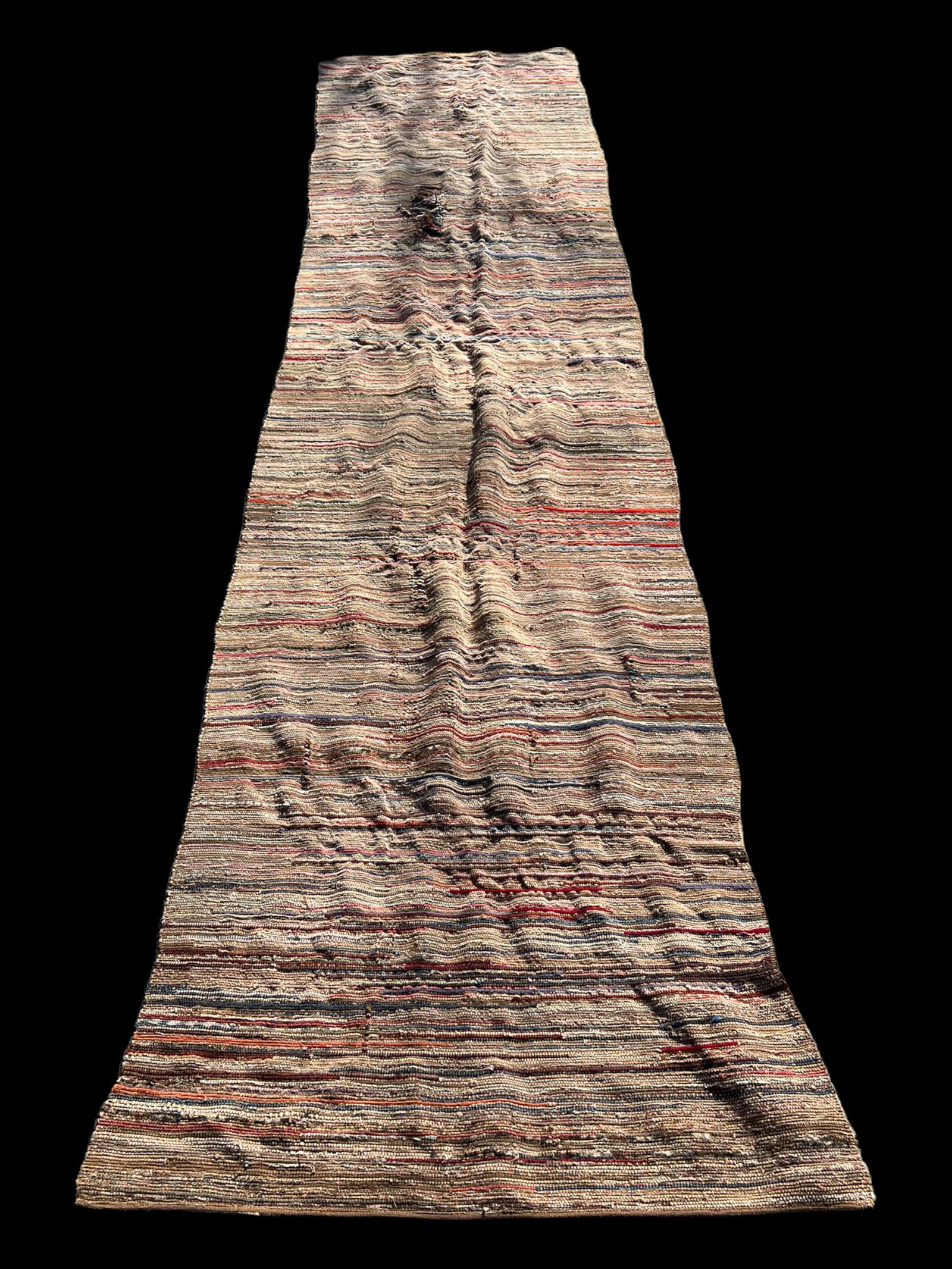 Antique Primitive Rag Rug Carpet Runner: Primitive rag rug runner. Size: 31" x 136". There is a tear in the rug - please see picture. Folk art.