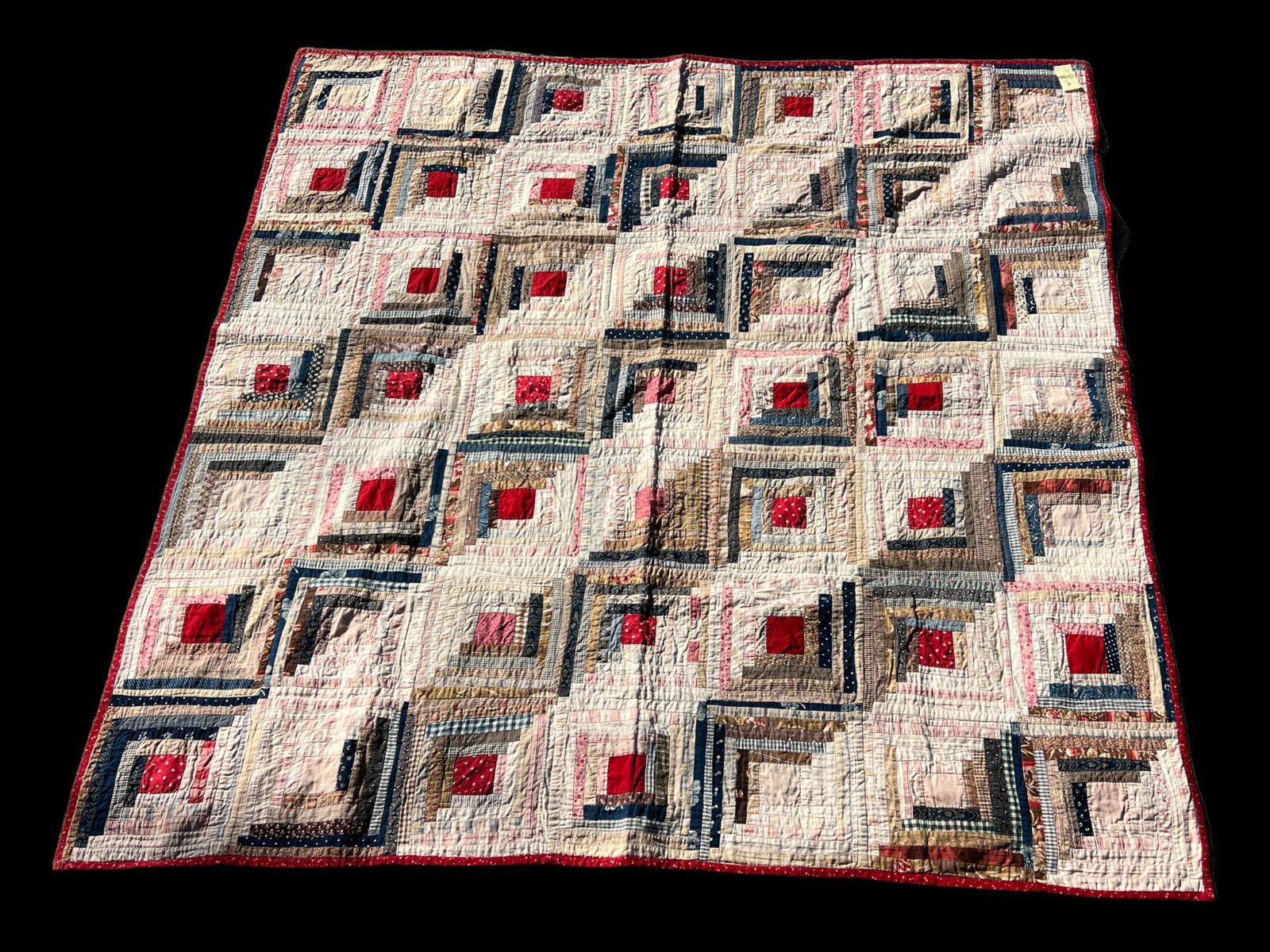 Antique Primitive Handmade Log Cabin Stripes Variation Quilt Blanket: Primitive handmade quilt. Log cabin striped variation pattern. Size: 66" x 66". Folk art. Solid color (red) on reverse side of quilt.