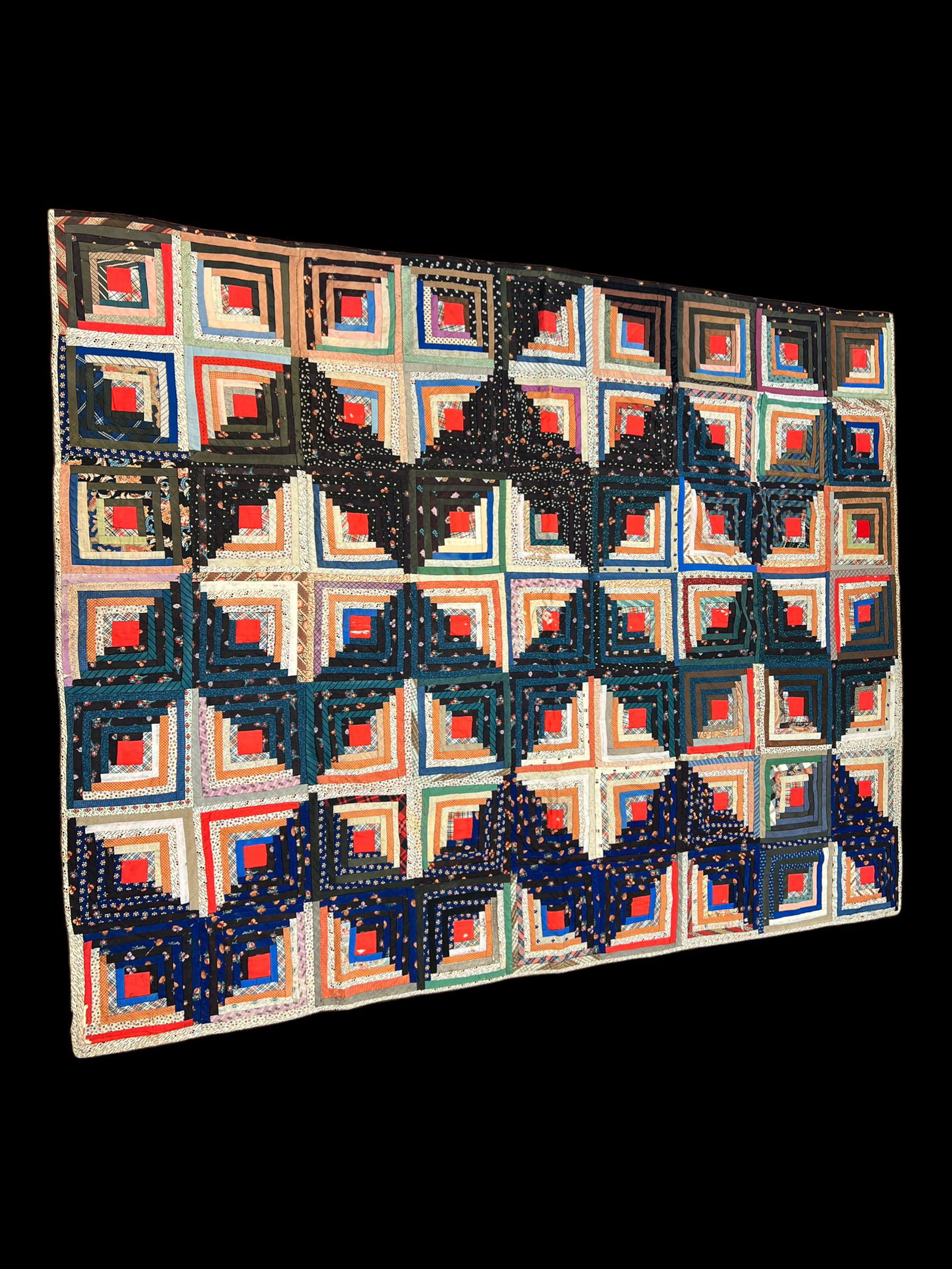 Antique Primitive Handmade Zig Zag Log Cabin Quilt Blanket: Primitive handmade quilt. Zig zag log cabin pattern. Design on reverse side of quilt. Size: 63.5" x 82". Folk art.