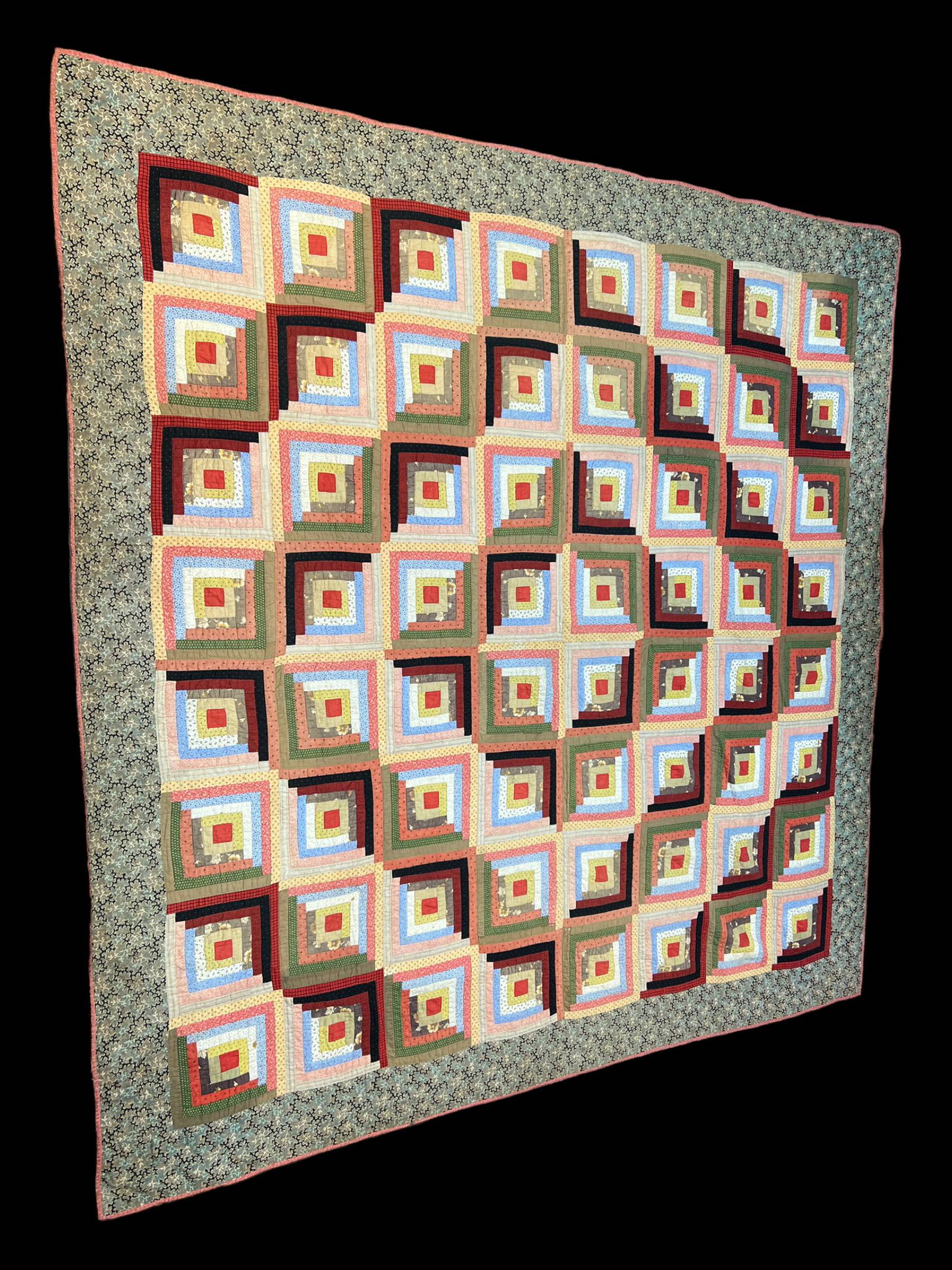 Antique Primitive Handmade Raising Barn Log Cabin Quilt Blanket (0144