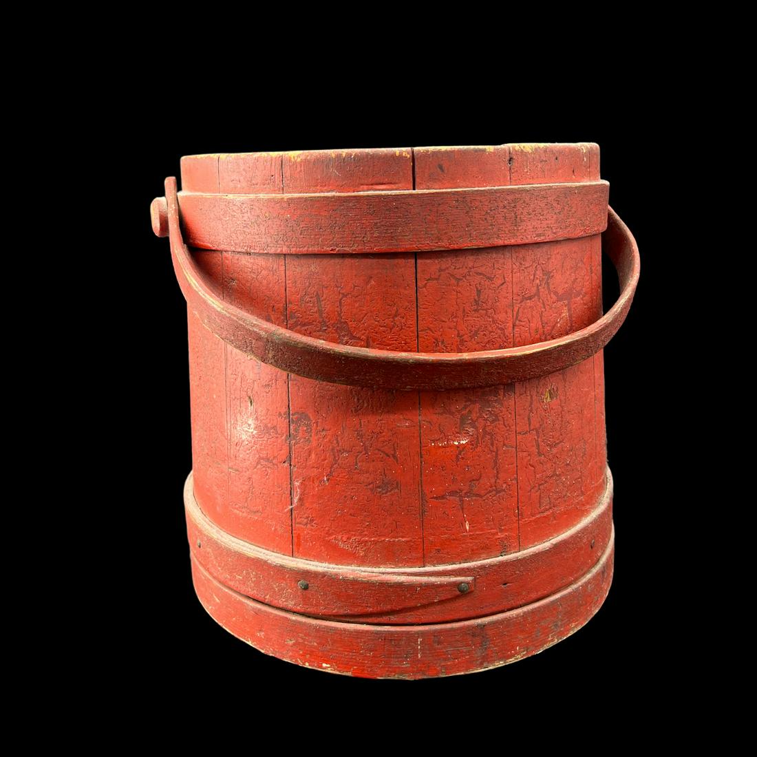 Antique Primitive Wooden Maple Sap Bucket Red w/ Handle: Antique primitive maple sap bucket. There is no lid or side handles. Has wooden bands. Painted a bright crimson red color. Bentwood. Milk paint. Size: 11.75" x 11" x 11".