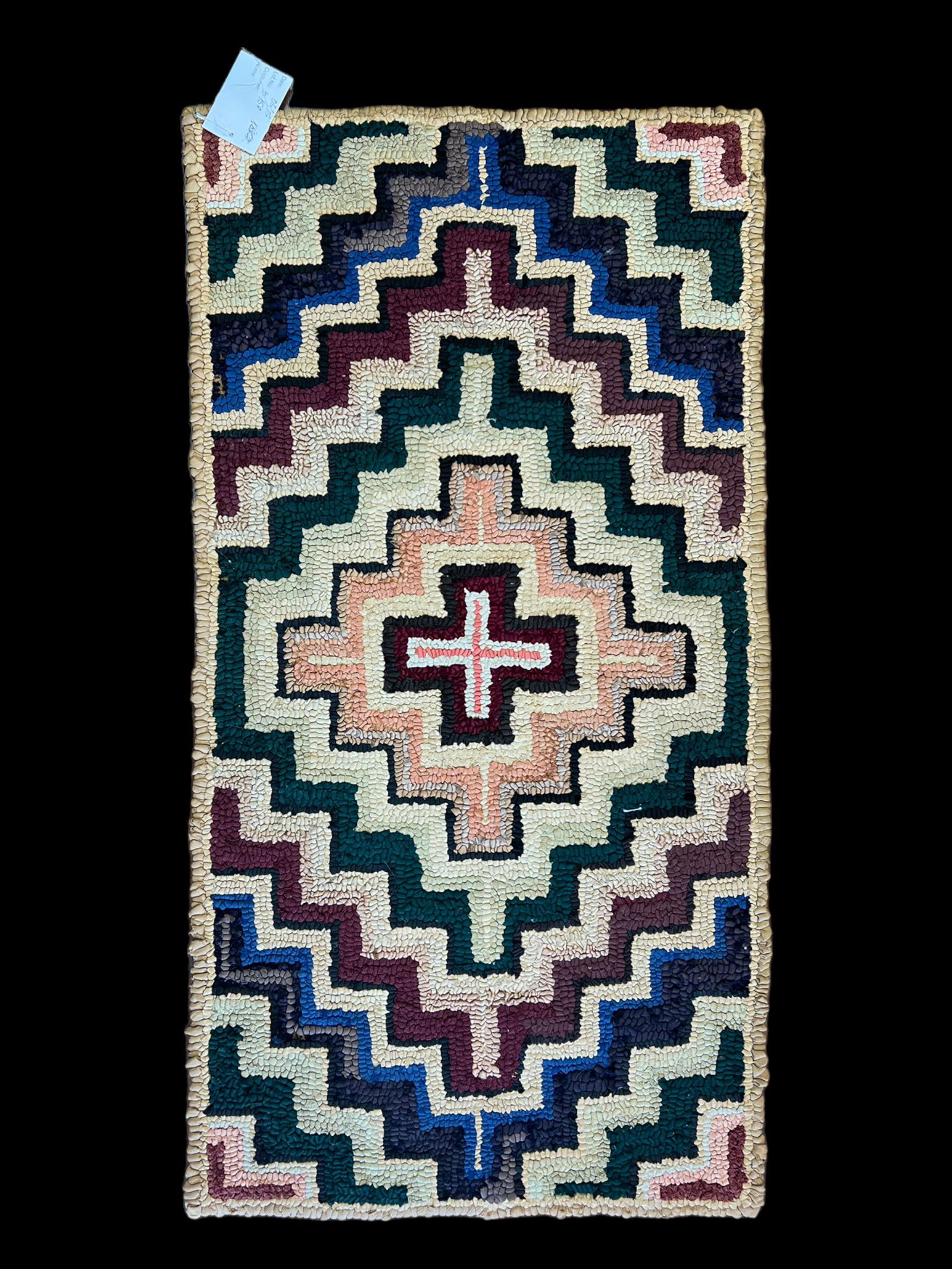 Antique Primitive Hooked Rug Carpet: Primitive hooked rug carpet. Size: 39" x 20.25". Folk art.