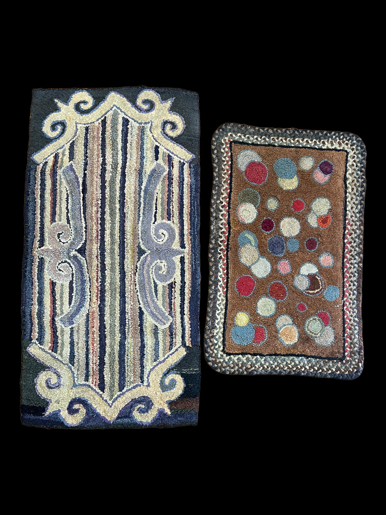 Lot of 2 Antique Primitive Rug Carpets Geometric Design: Lot of 2 antique primitive rugs. Size: 35.5" x 21", Size: 47.25" x 24". Folk art.