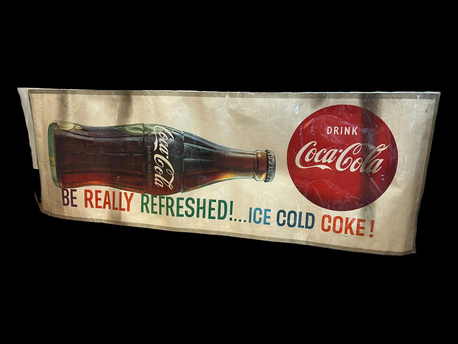 Vintage 50s/60's Coca Cola Ice Cold Coke Poster: Vintage 1950s or 1960s Coca Cola Coke poster. "Be really refreshed!...Ice Cold Coke." Size: 20" x 57". Made in U.S.A. On heavy paper.