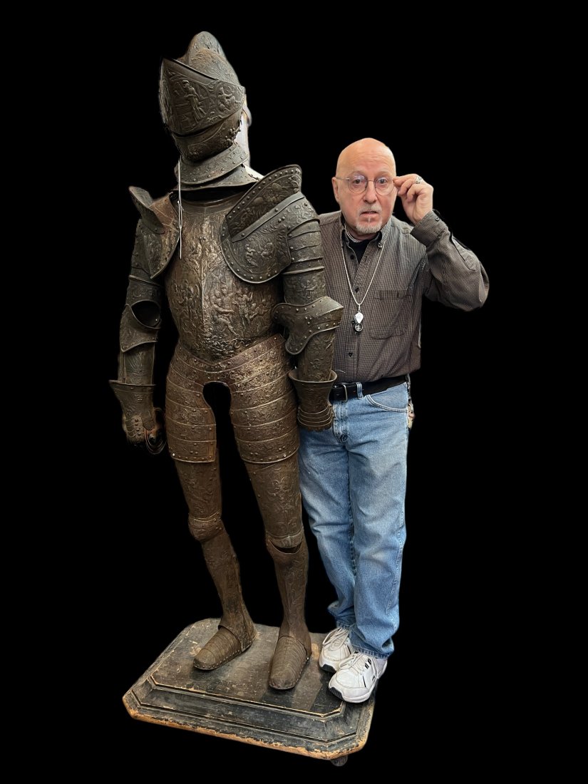 Antique 19thC Display Suit of Knights Armor Hand Wrought Metal 6 Feet: Antique display, full size, suit of knight's armor. Hand wrought metal on wooden base. Most likely 19th century. Highly embossed with medieval scenes. Size: 76" x 30" x 22".