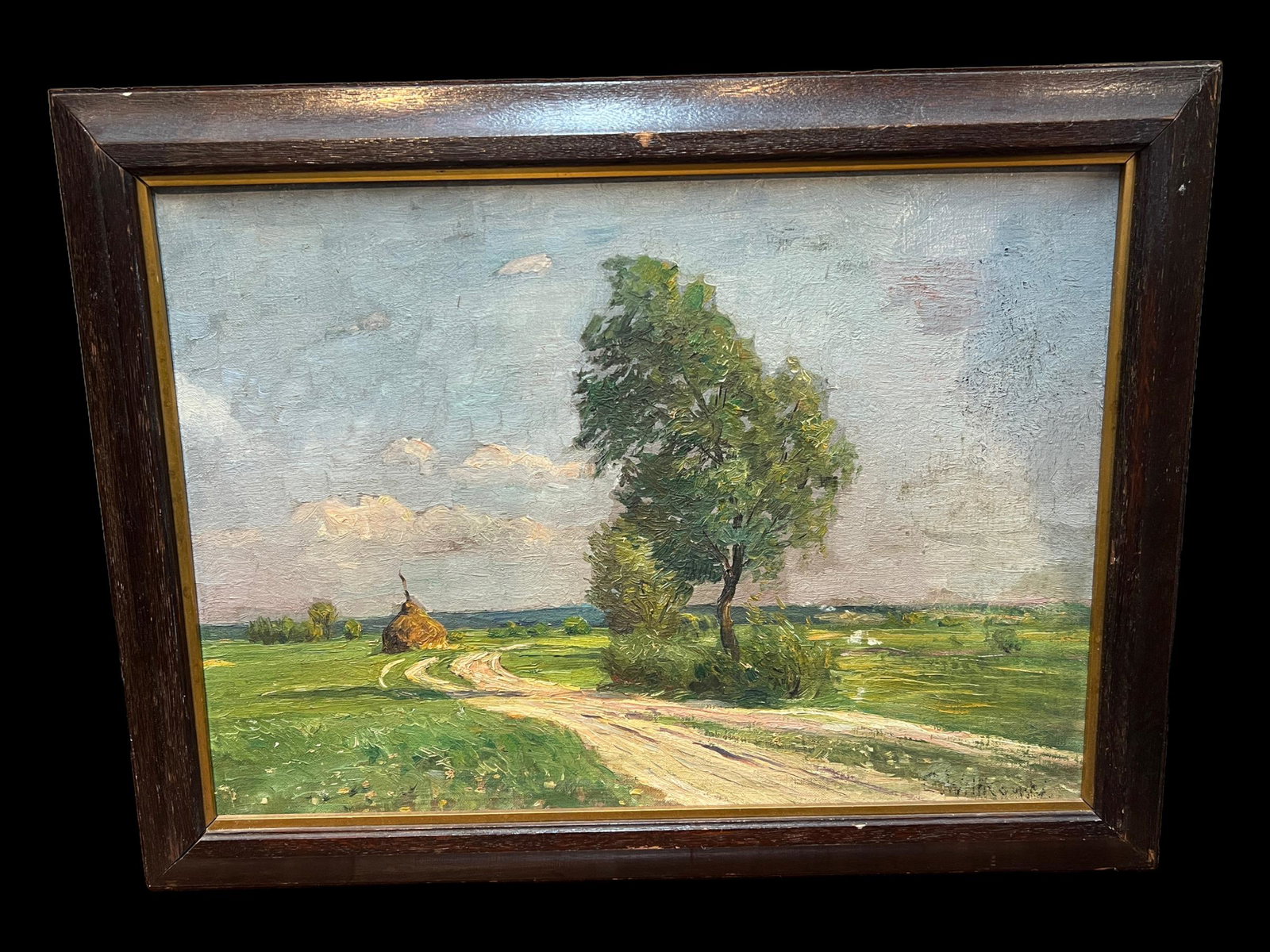 Antique Illegibly Signed Oil Landscape Painting Trees + Hills: Landscape painting illegibly signed. Possibly Polish or Ukrainian, appears to read "Witkowski." Landscape scene with trees, grass, road and sky. Frame Size: 22.5" X 17.25". Painting Size: 18.75" X 13.