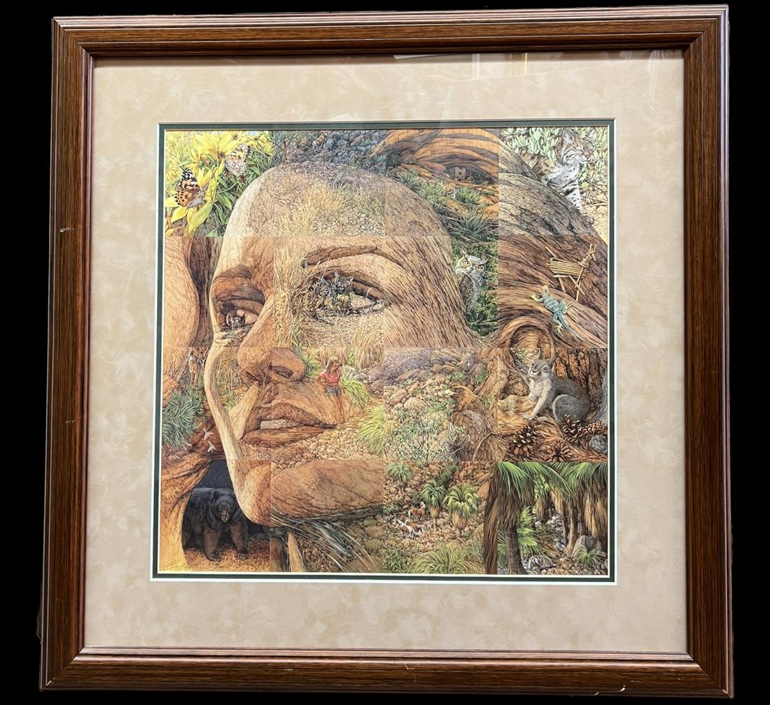 Vintage Bev Doolittle (American, 1947-Present) Native American 'The Earth is My Mother' Lithograph: The Earth Is My Mother.' Framed lithograph by Bev Doolittle (American, 1947-Present). Native American. Frame Size: 27" x 27". Painting Size: 17.5" x 17.5". Hand signed on bottom left.