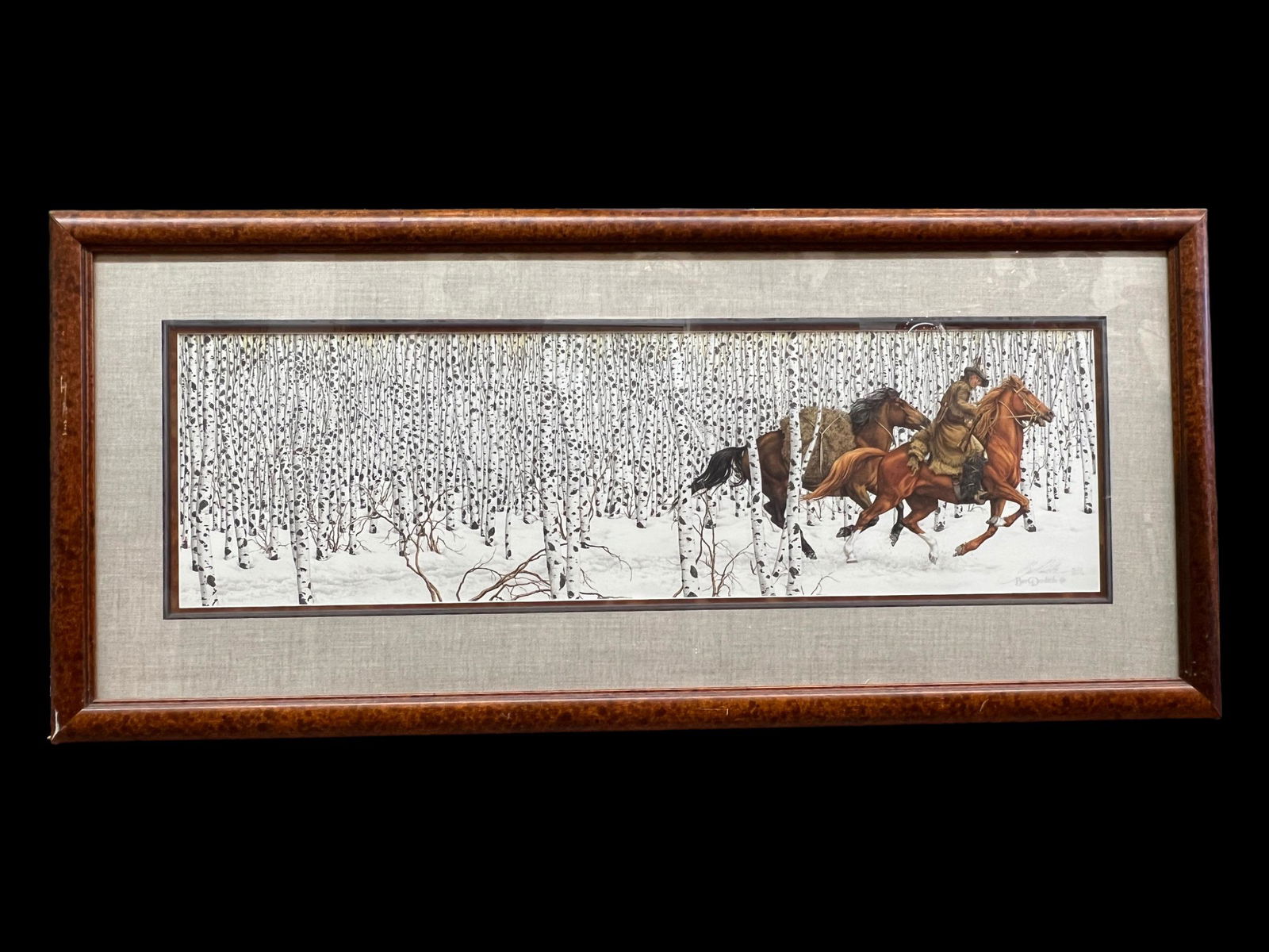 Vintage Bev Doolittle (American, 1947-Present) 'Sacred Ground' Horses Native American Lithograph: Sacred Ground.' Framed lithograph by Bev Doolittle (American, 1947-Present). Native American. Frame Size: 49" X 23". Painting Size: 38.5" X 11.25". Hand signed on bottom right.