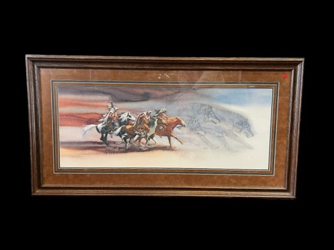 Vintage Bev Doolittle (American, 1947-Present) 'Wolves of The Crow' Native American Lithograph: Wolves of The Crow.' Framed lithograph by Bev Doolittle (American, 1947-Present). Native American. Frame Size: 43" x 22.5". Painting Size: 33.5" x 13". Hand signed on bottom left.