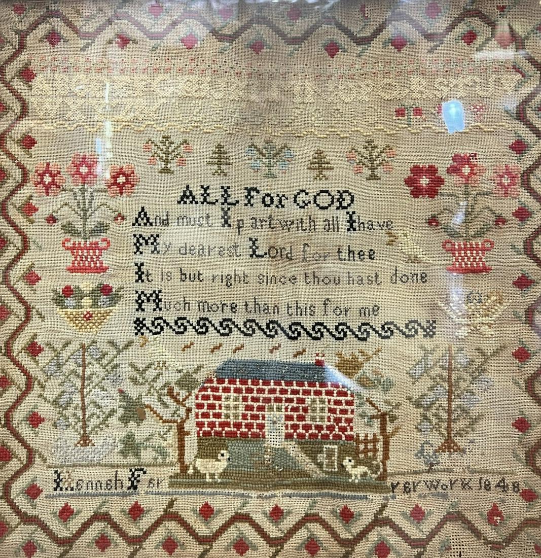 Antique Primitive Sampler Framed by a Hannah F 1848: Primitive framed sampler. Wooden backed frame. Made by a Hannah F. in the year 1848. Frame Size: 22.75" x 22.75".