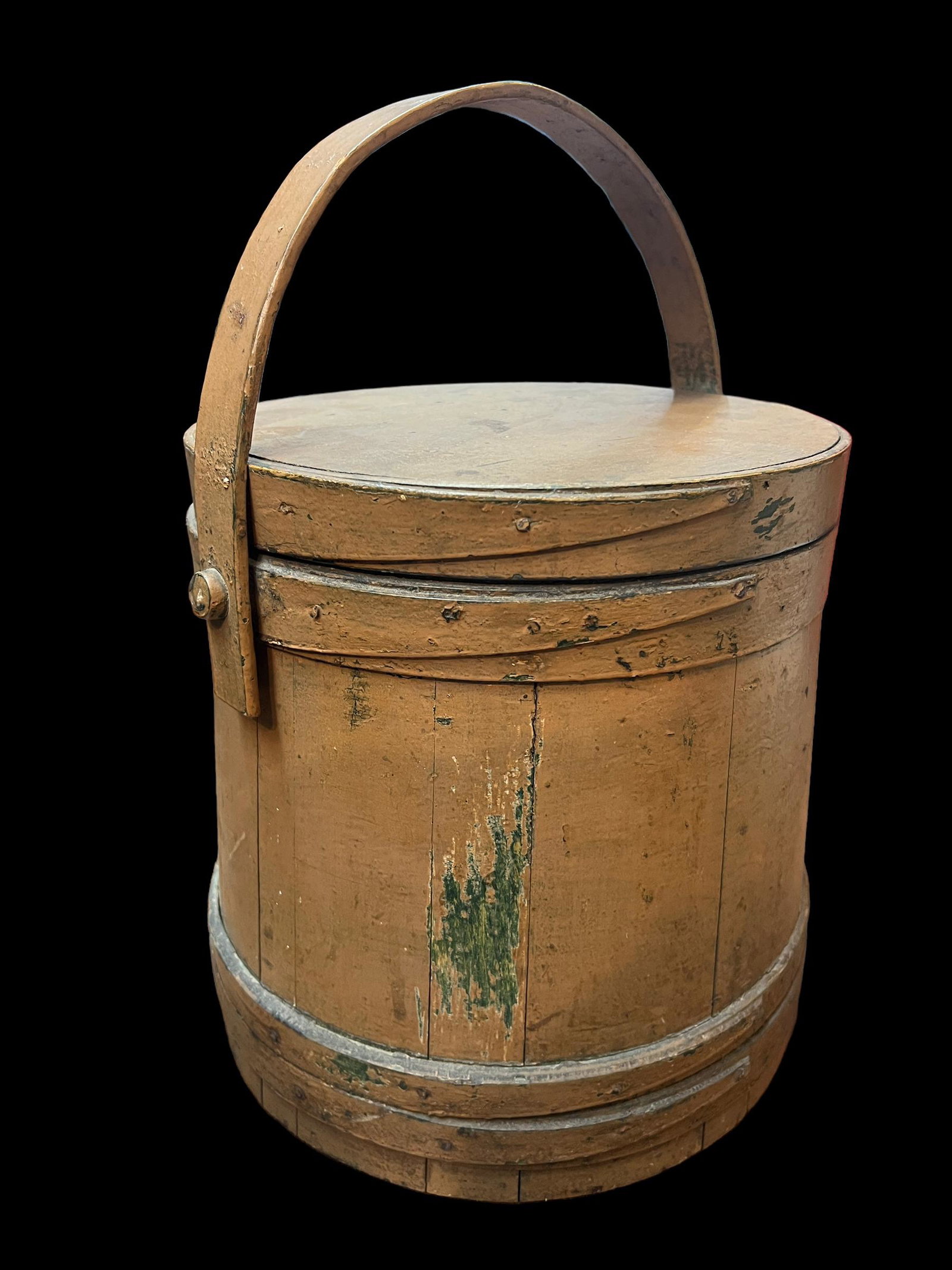 Antique Primitive Wooden Maple Sap Bucket W/ Lid Painted: Antique primitive maple sap bucket. Hand made from wood. Bentwood. Painted an ochre color with areas that are green and faded. Milk paint. Lidded. Size: 10.75" x 10.66." Durham 1933 written in pencil