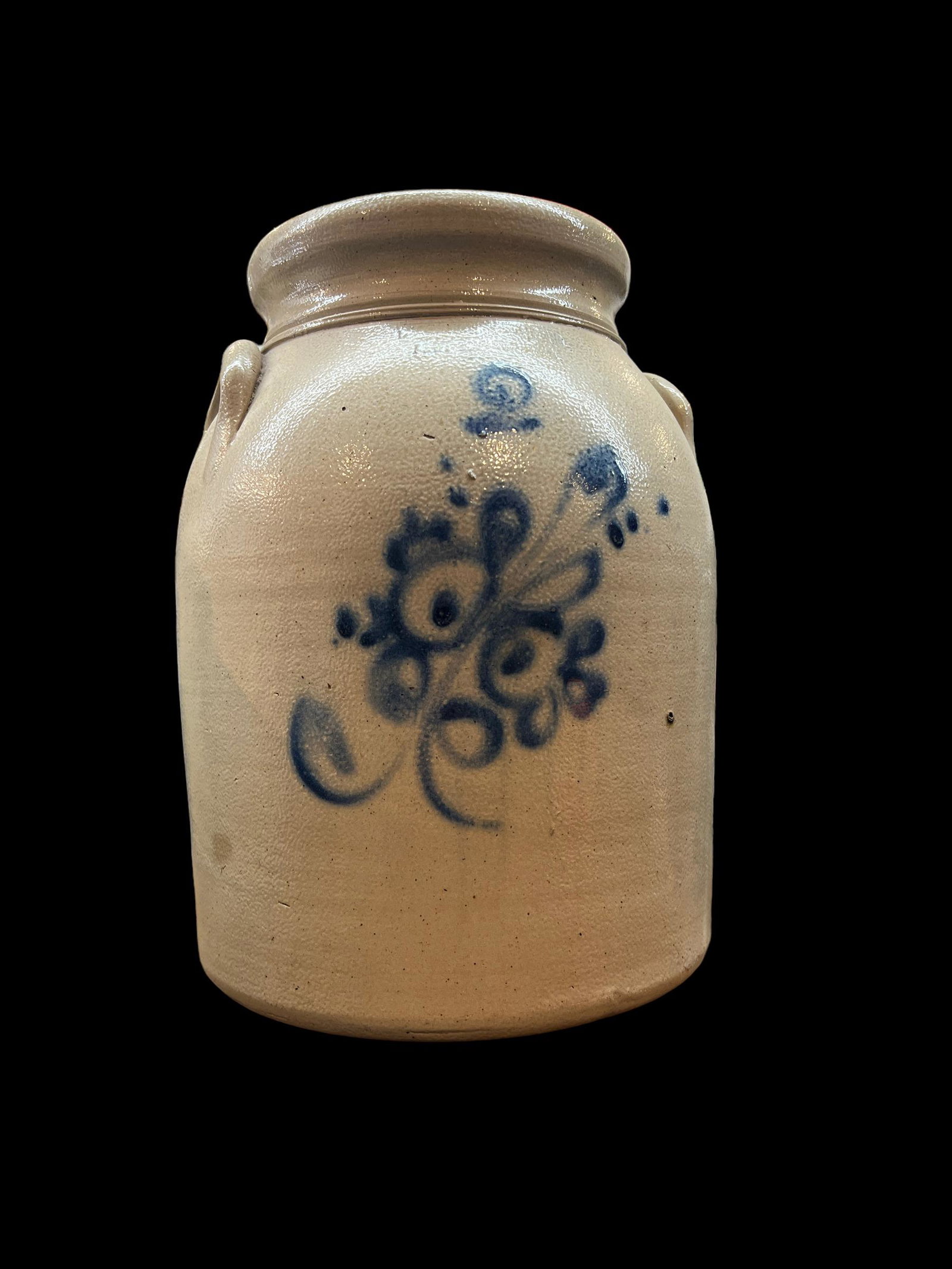 Antique Primitive Stoneware Jug Ottman Bro's Fort Edward NY.: Primitive stonware jug. Embossed branding is faded - but can still be made out. "Ottmoman Brothers, Fort Edwards, N.Y." Size: 11.5" x 8". Floral design. Elephant ear handles.