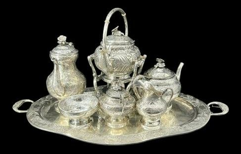 Antique Sterling Silver J. Vigueras Made in Mexico Coffee Tea Set: Antique Sterling Silver J. Vigueras Mexican Coffee Tea Set with hot water tilt pot. Total weight: 309.9 Troy Oz (9,638 Grams). Sizes of individual pieces: Tray: 86.9 ozt (31" x 18"); Hot Water pot: 99