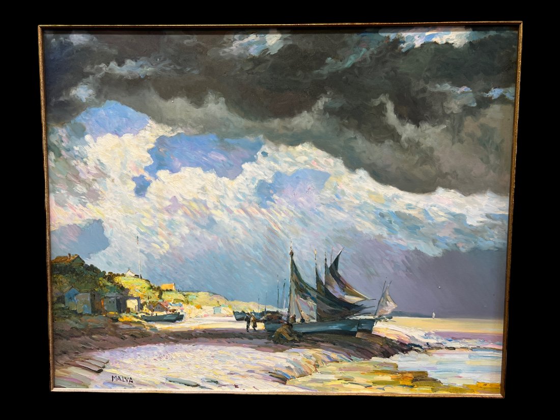 Antique George Malva (Syrian, 1951-2015) Oil Painting Framed: Antique George Malva (Syrian, 1951-2015) Oil Painting Framed. Signed bottom left. Painting size: 39" x 31.25". Frame size: 48" x 40". Seascape painting.