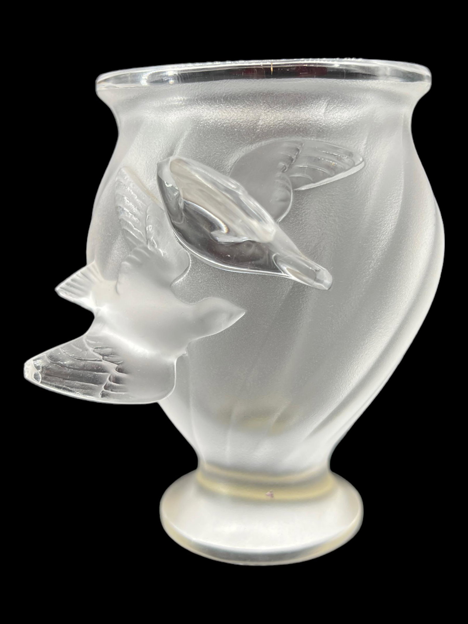 Vintage Lalique France Frosted Glass Crystal "Rosine" Dove Vase: Vintage Lalique France Frosted Glass "Rosine" Dove Vase. Size: 5" x 3.5". Label on base.