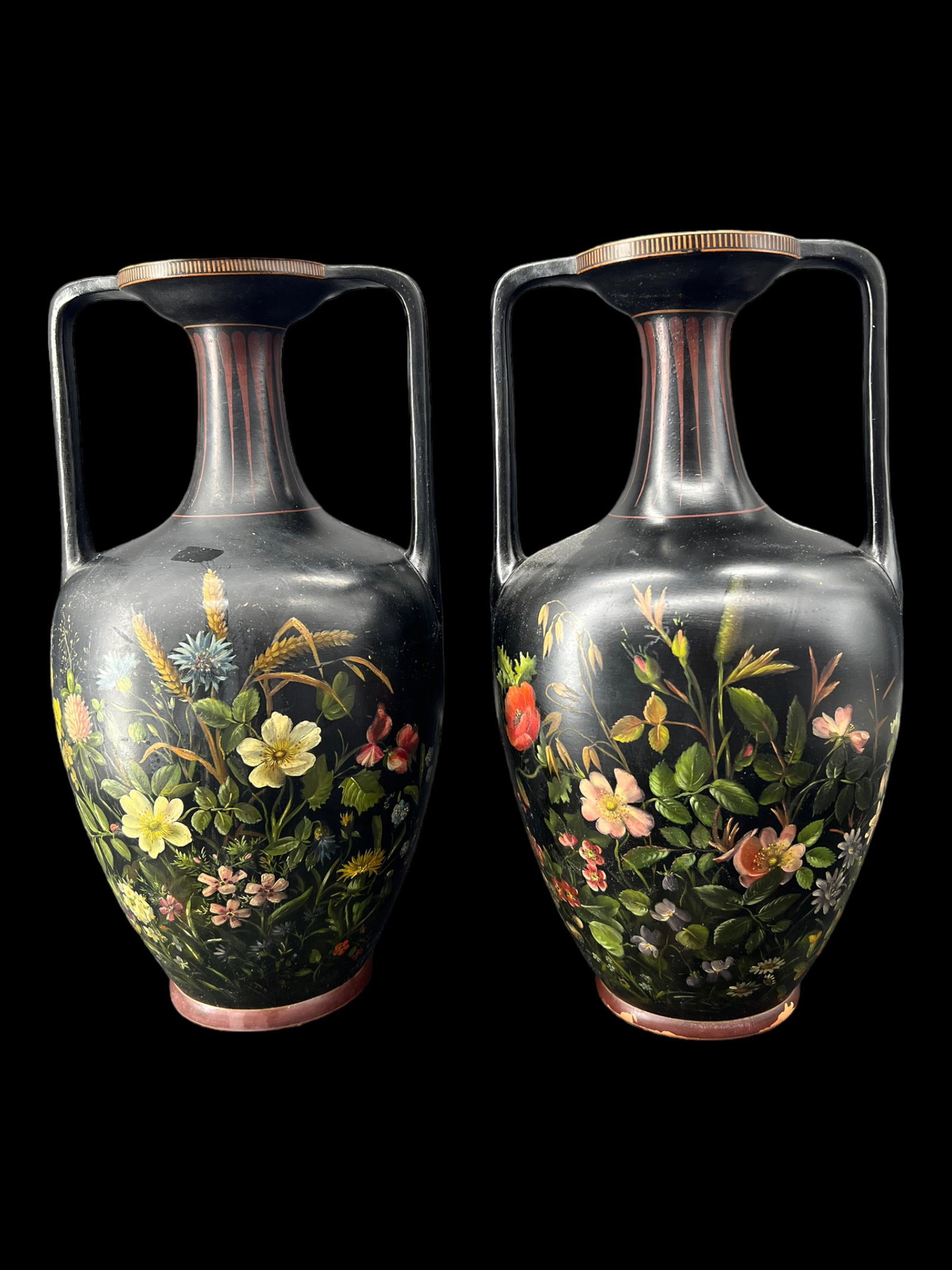 Antique Pair of Christian Moller Copenhagen E.F Sonne Vases: Antique Pair of Christian Moller Copenhagen E.F Sonne Vases. Terracotta. Size: 13.5" x 7.5" x 7.5". Signature on bottom. One bottom is peeling.