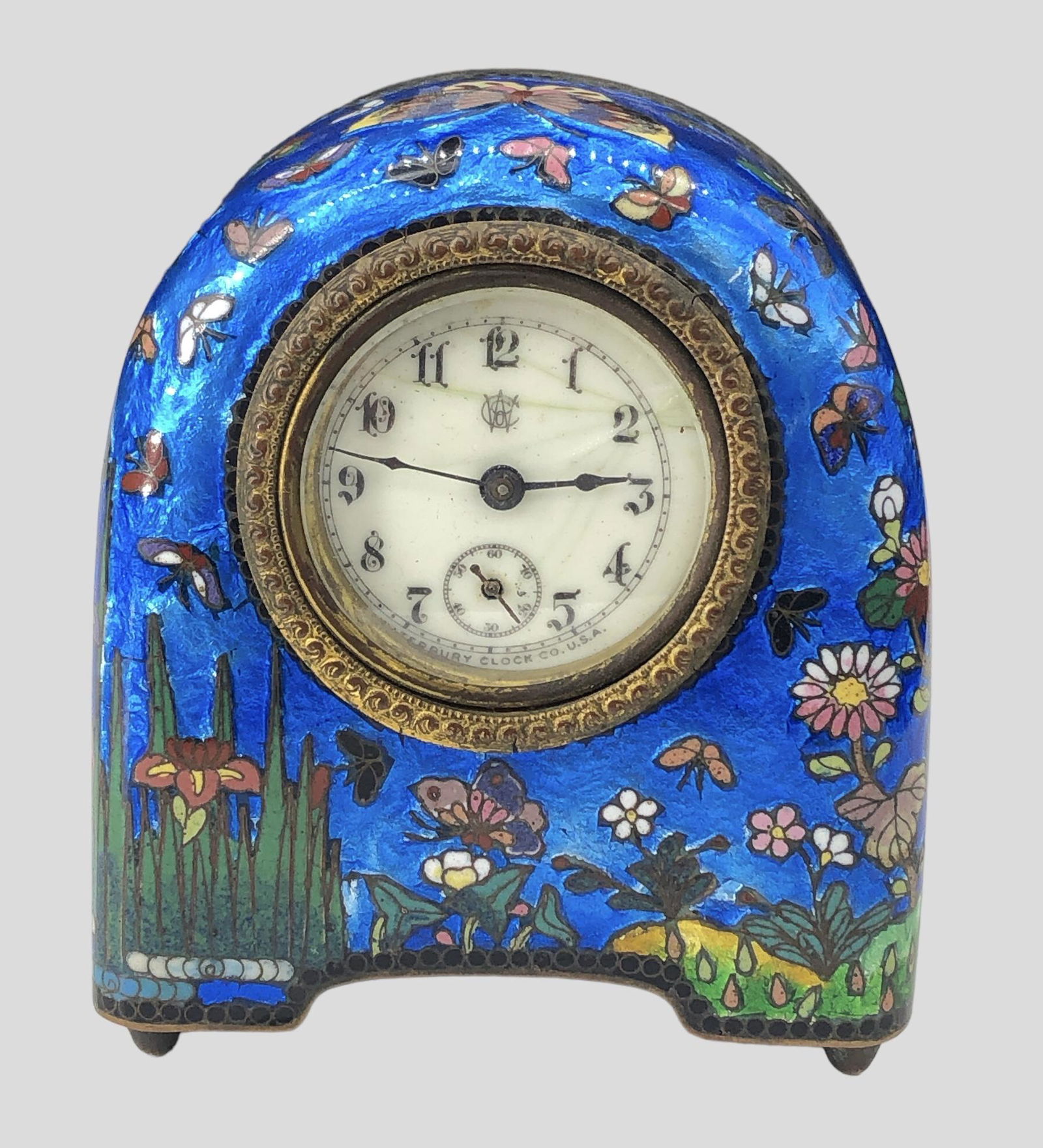 Antique Asian Waterbury Clock Co. Usa Desk Clock Enamel On Copper