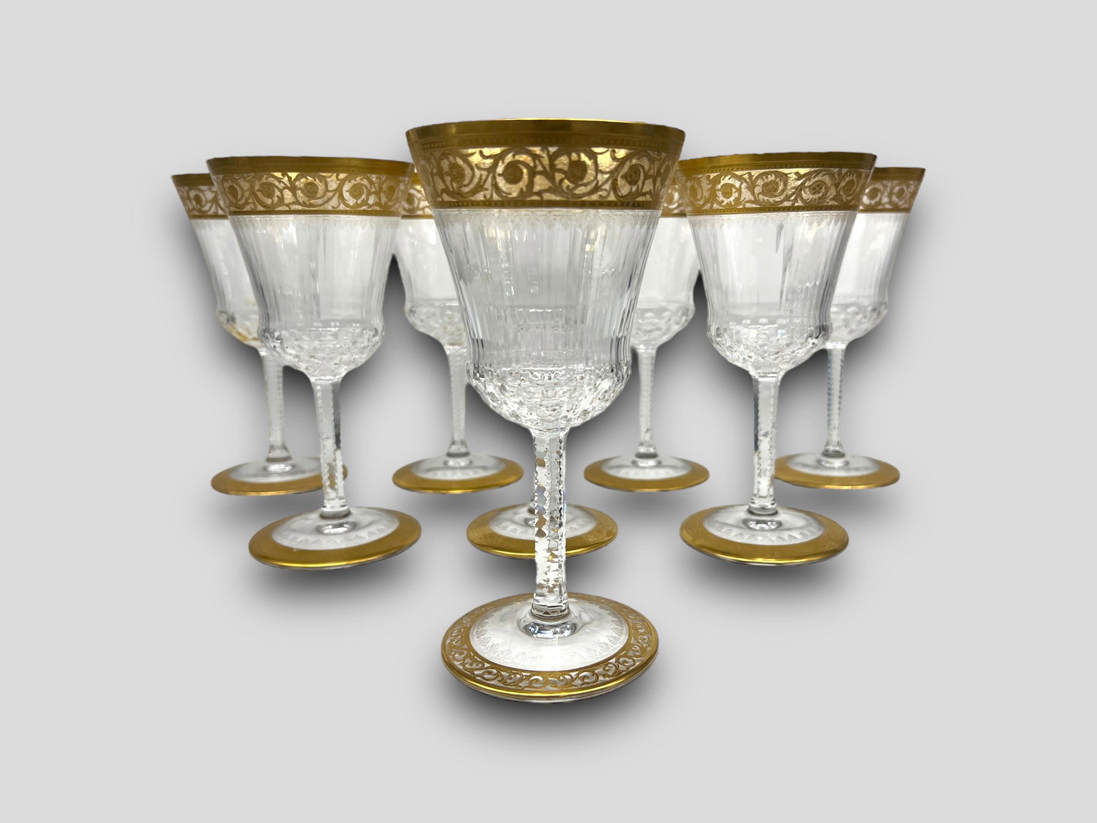 Vintage St. Louis Crystal 8 Wine Water Glasses Thistle Gold Pattern: Vintage lot of 8 St. Louis Crystal wine water glasses . Signed on bottom base. Thistle Gold Pattern.