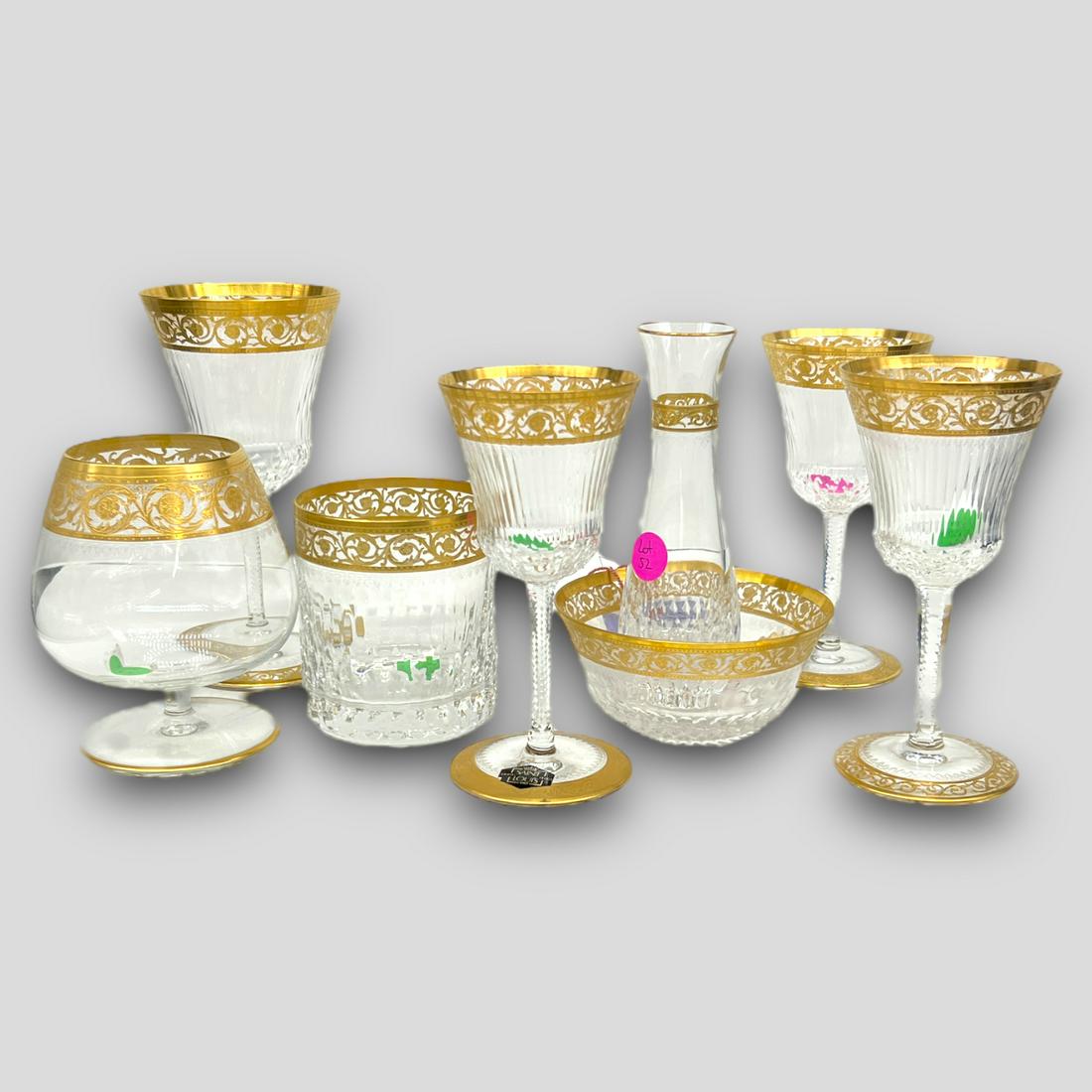 Miscellaneous Lot of Vintage St. Louis Crystal Thistle Gold Pattern: Miscellaneous lot of 8 St Louis Crystal pieces; brandy goblet, wine glasses, small bowl, vase and whiskey glass. Signed on bottoms. Thistle Gold Pattern.