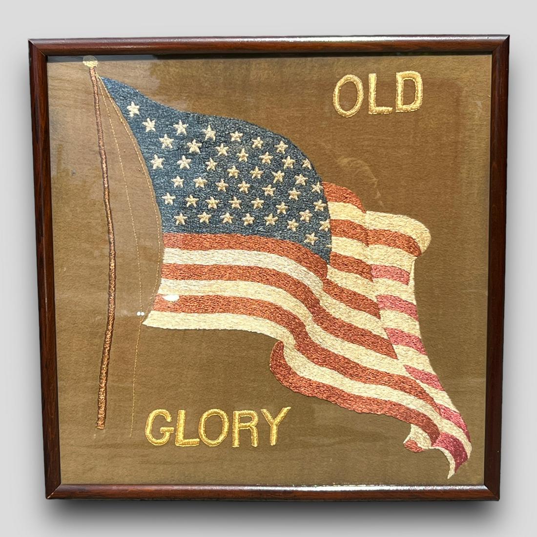 Antique Primitive Embroidery USA American Flag 'Old Glory' Framed (1 of 4)