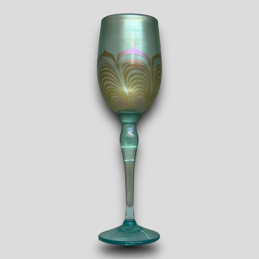 Vintage Art Glass Iridescent Wine Goblet in the style of Steve Correia: Vintage Art Glass Iridescent Wine Goblet in the style of Steve Correia. Signed on bottom. No chips or cracks.