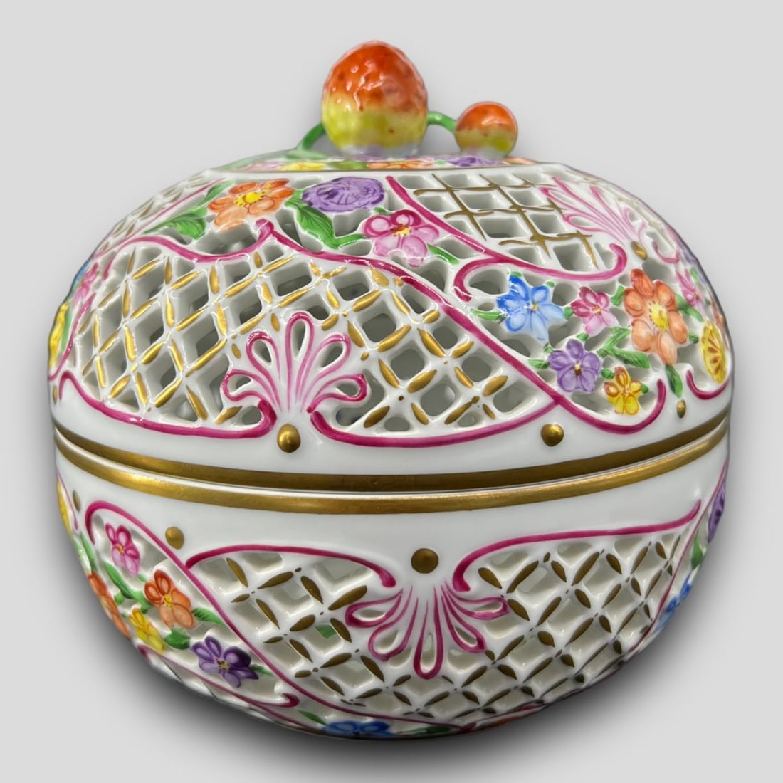 Antique Herend Hungary 'Strawberry Bonbonnier' Reticulated Floral Porcelain Lidded Dish (1 of 5)